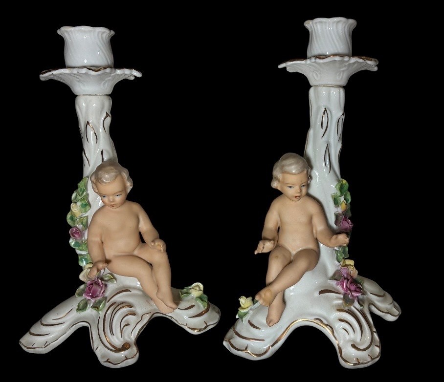 Vintage DRESDEN Germany Porcelain Cherub Figural Rococo Candlesticks Pair 8\ Vintage DRESDEN Germany Porcelain Cherub Figural Rococo Candlesticks Pair 8\