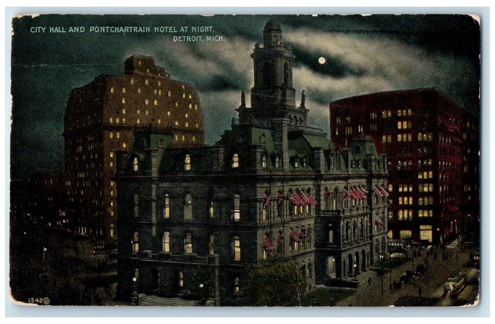 1912 City Hall Pontchartrain Hotel Night Moonlight Detroit Michigan MI Postcard