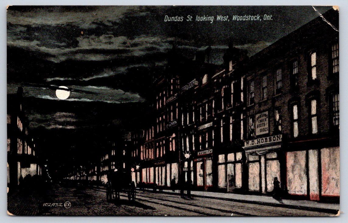 Antique Canada Postcard WOODSTOCK Dundas Street Night View 1908