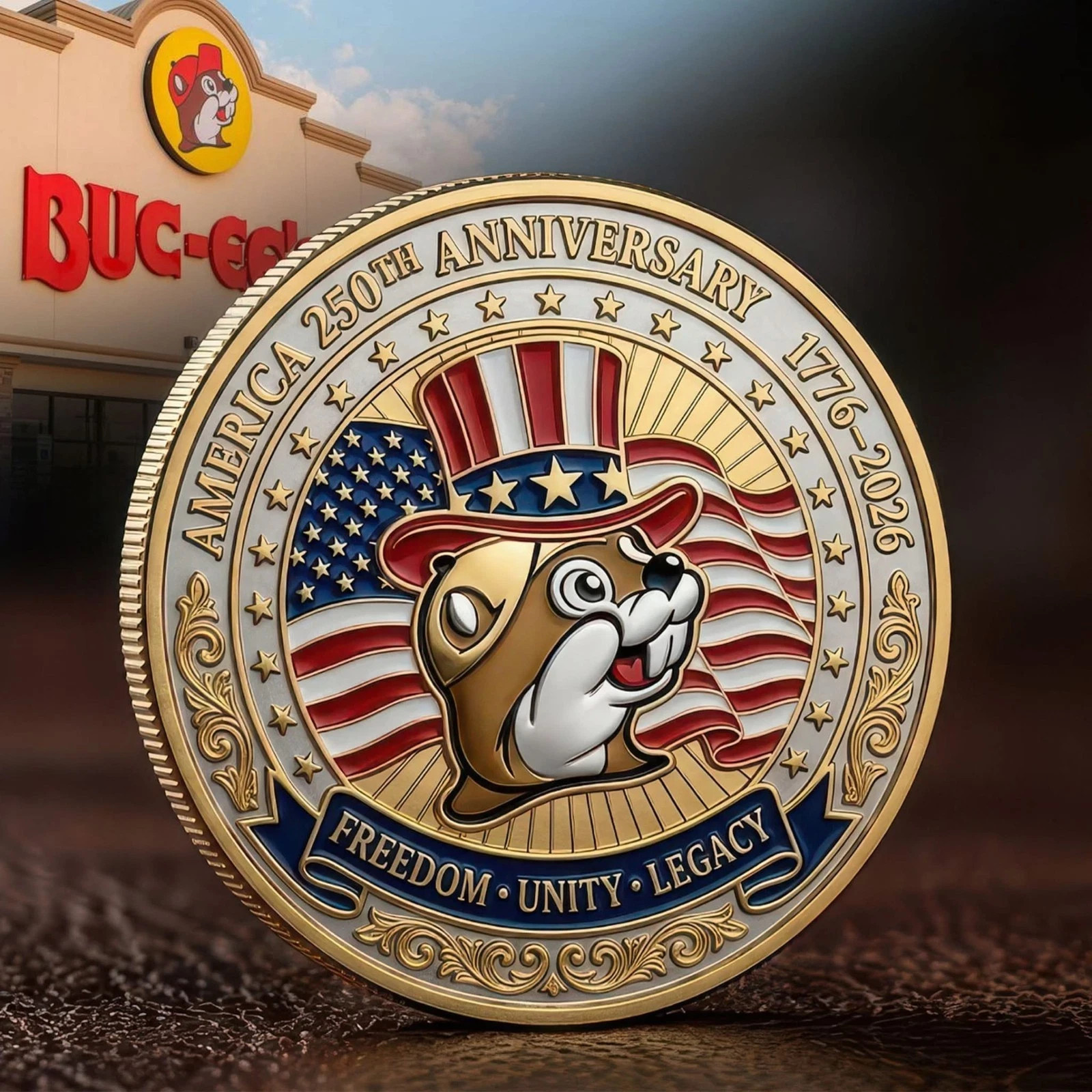 Buc-ee\'s America 250th Anniversary Coin 1776-2026 Patriotic Beaver Gold Medal