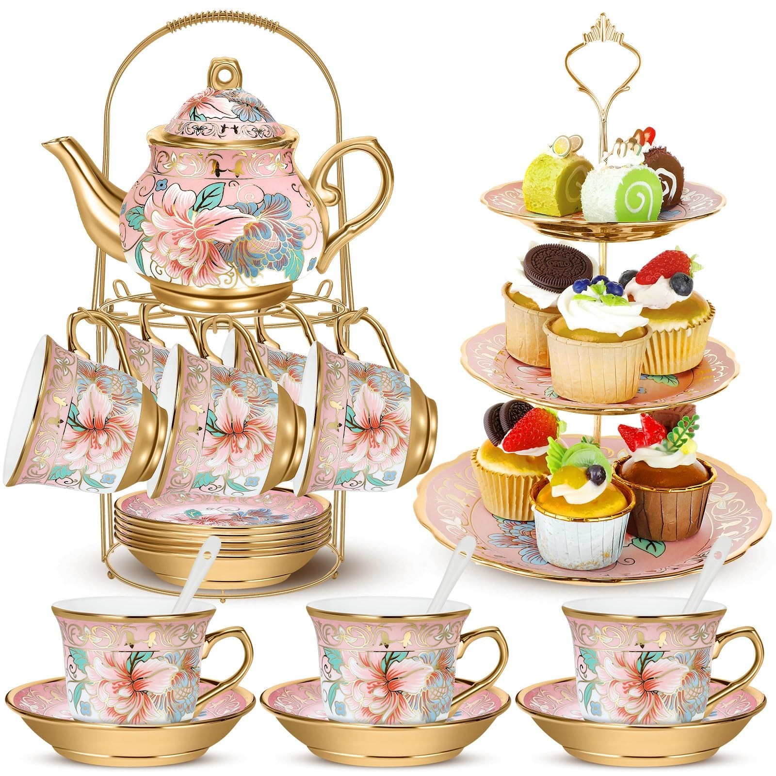 Vintage 21-Piece Ceramic Teapot Set with Porcelain Tea Cups & Metal Holder - Pin