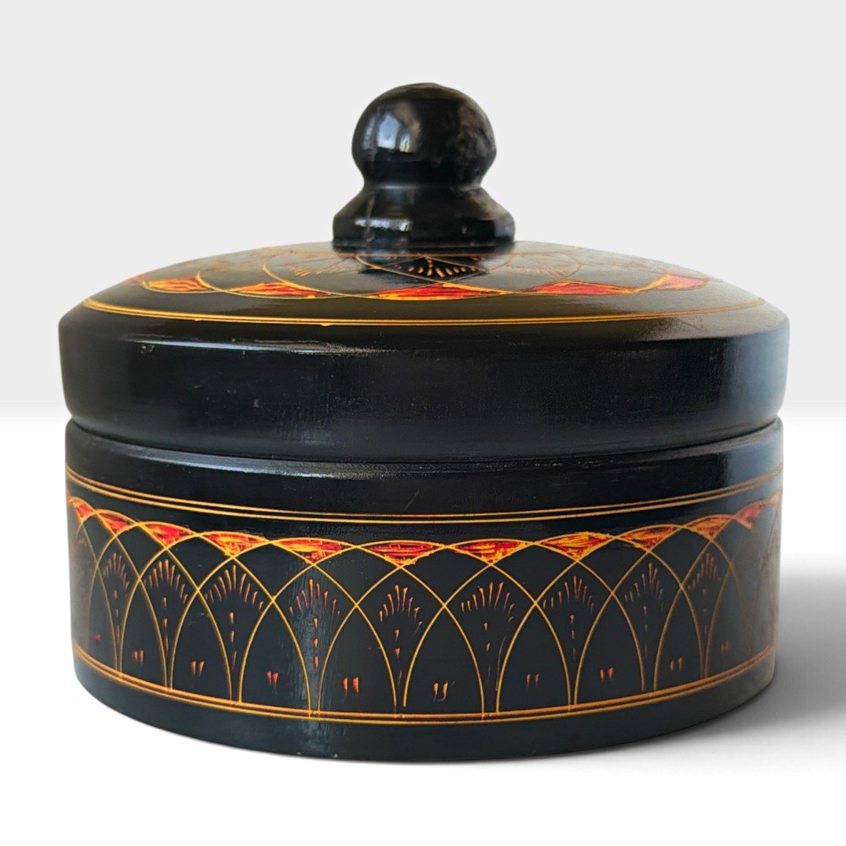 Vintage Hand Painted Turned Wood Lidded Box Black Red Gold Asian Folk Art Vintage Hand Painted Turned Wood Lidded Box Black Red Gold Asian Folk Art