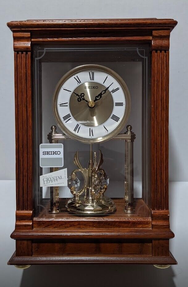 SEIKO QXN219BLH Swarovski Crystallized Non-Ticking Silent Pendulum Wooden Clock
