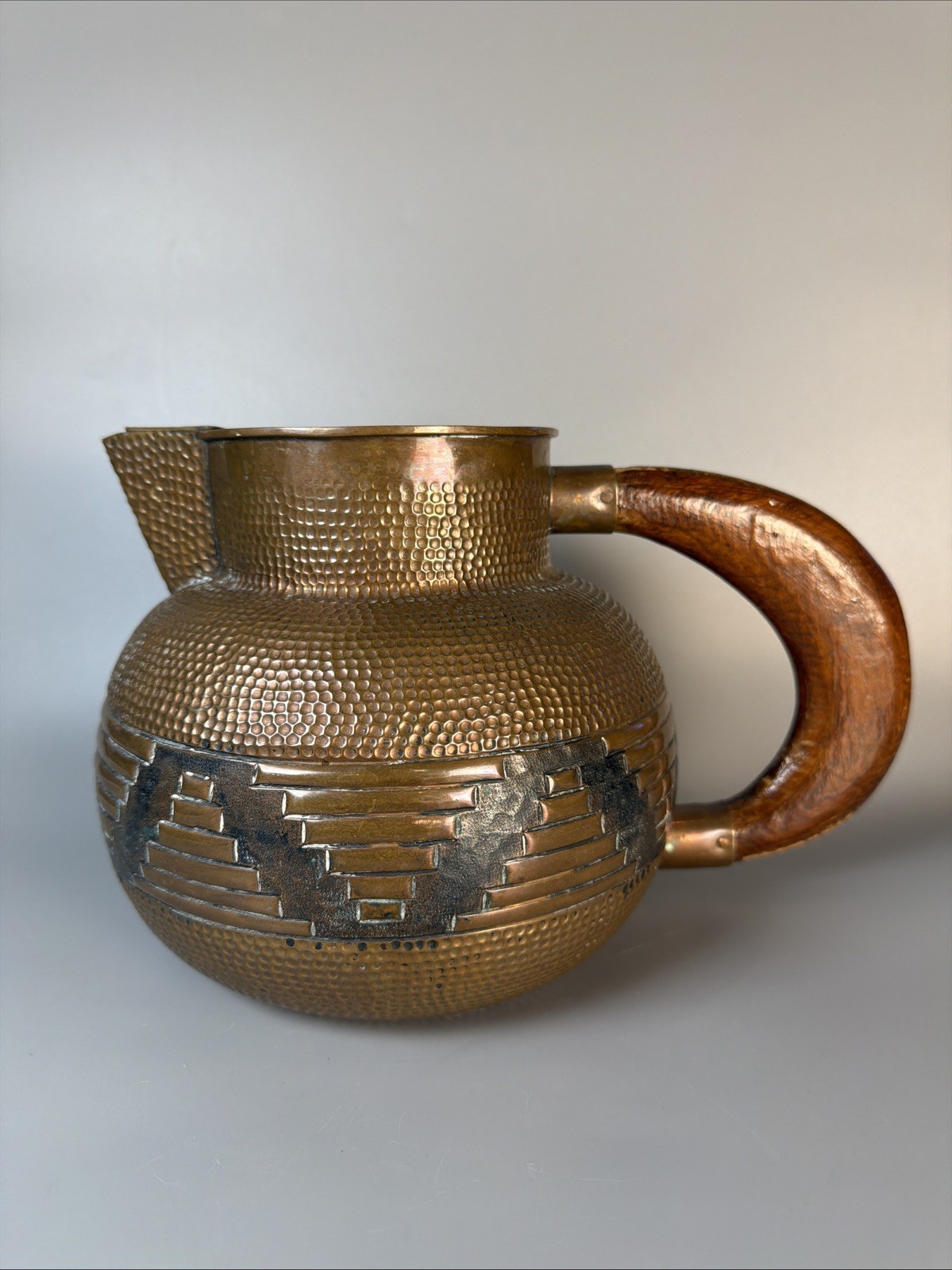 Fine Patinated Hammered Pitcher W Aztec Step Design & Wood Handle-Probably Taxco