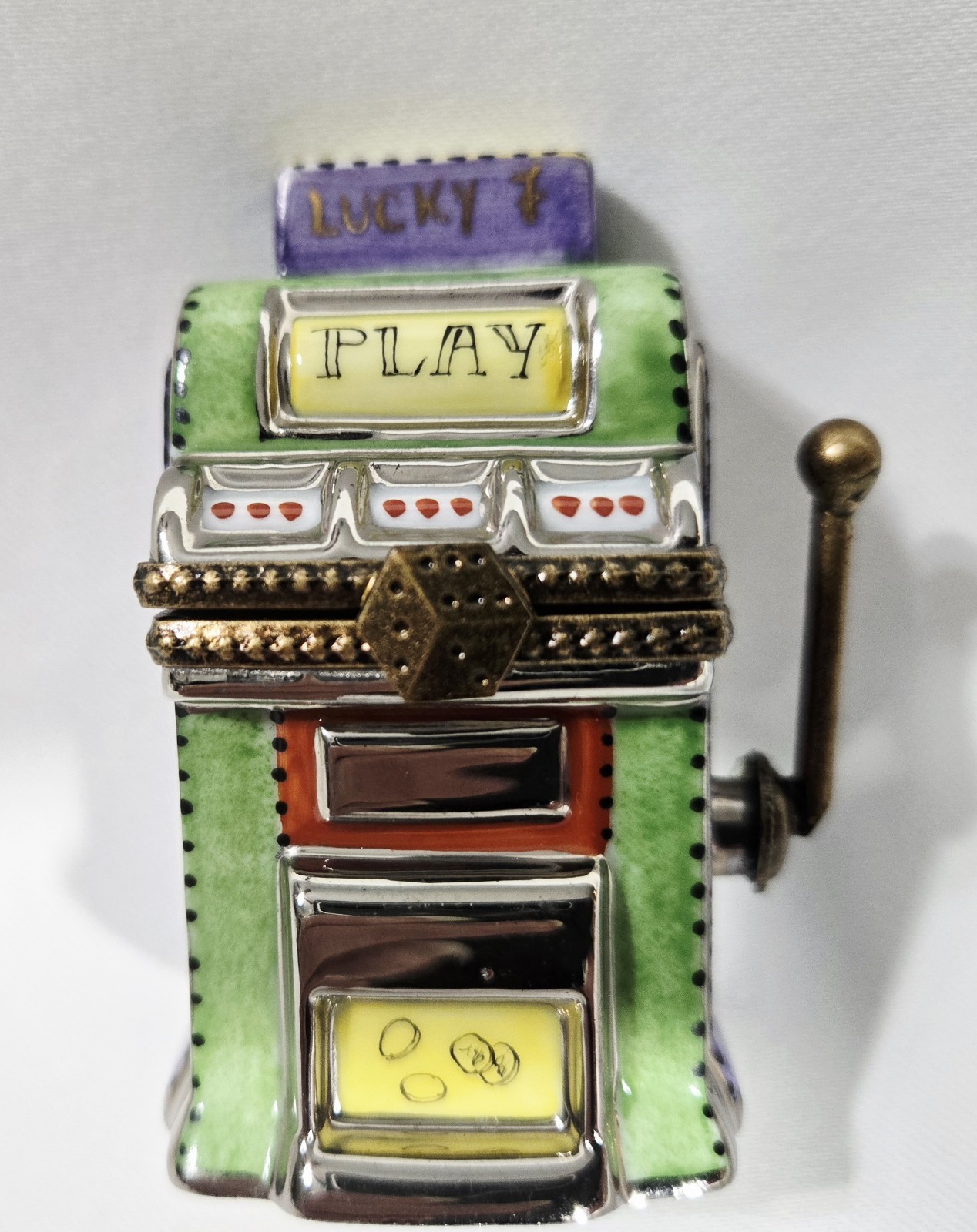 MINT RARE VTG Limoges Trinket Box RETRO SLOT MACHINE, Metallic Paint, Dice Clasp