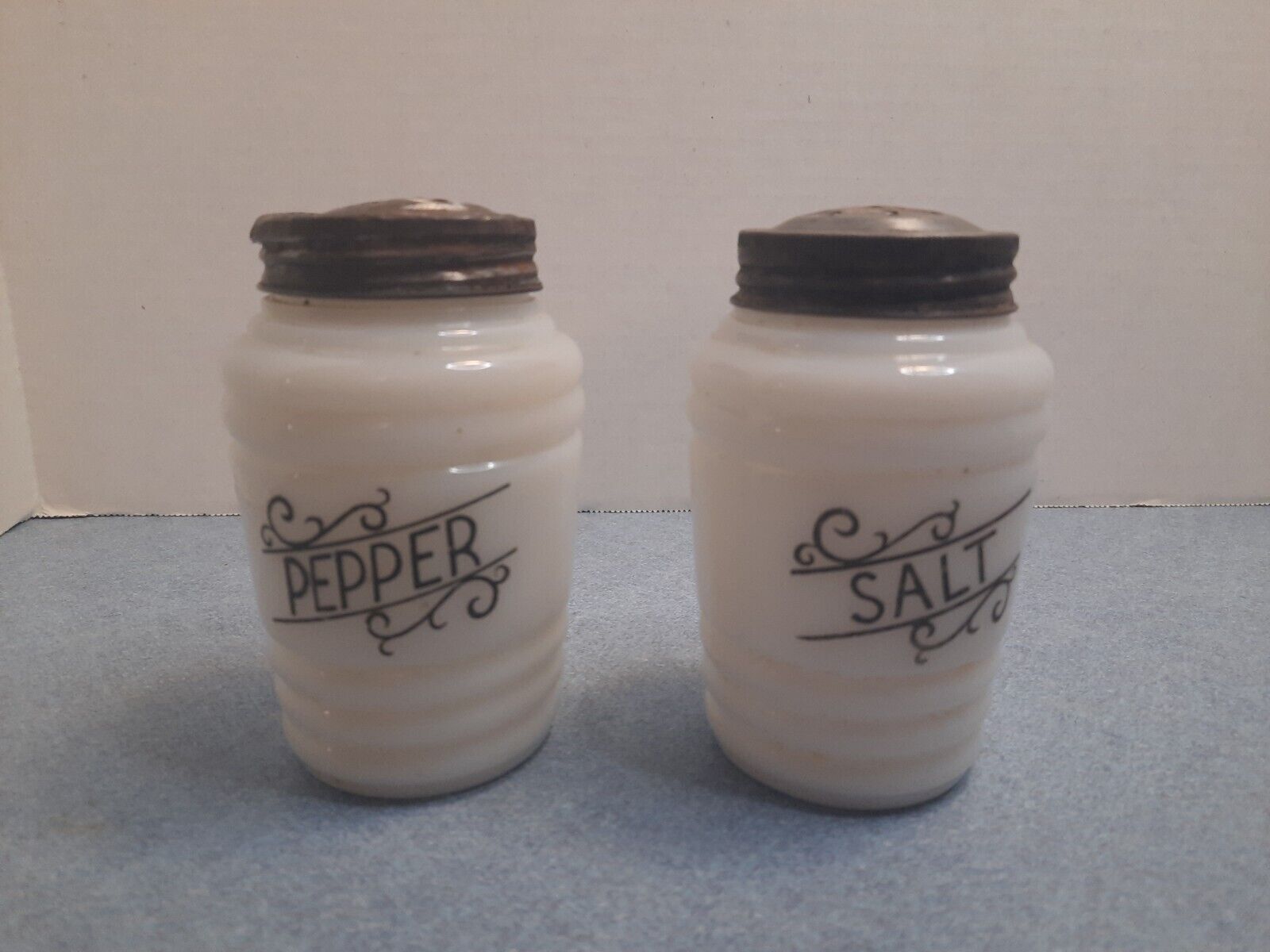 2-Vtg Hazel Atlas Large Ribbed Milk Glass Shakers w/Black Scroll Salt & Pepper