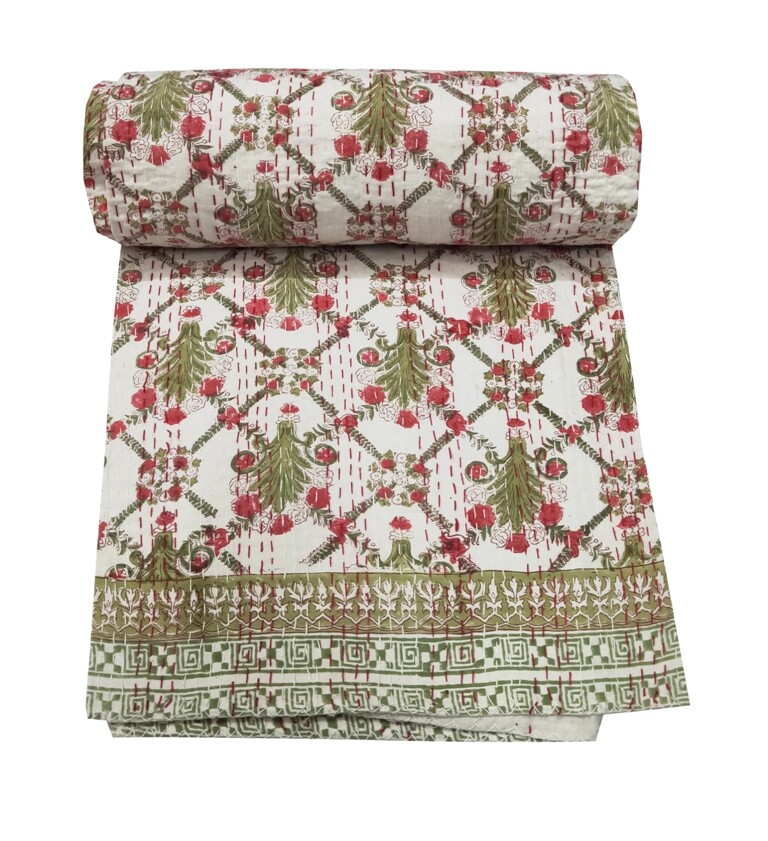 Handmade Kantha Quilt Indian Quilt Queen Bedding Throw Blanket Floral blanket