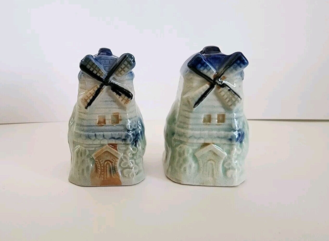 Vintage Blue Dutch Style Windmill Salt and Pepper Shakers, Japan
