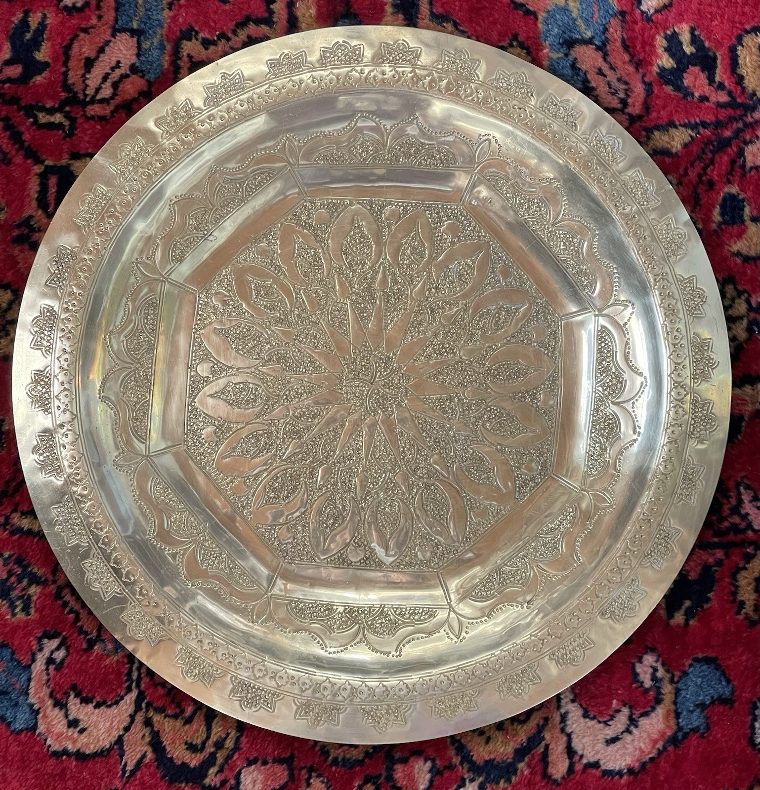 Antique Vintage Middle Eastern Hand Craft Hammered Brass Wall Tray MCM 13.75”