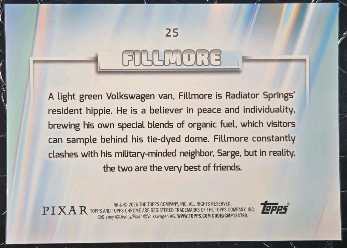 2026 Topps Chrome Sapphire Disney Fillmore White Refractor #/30 Cars