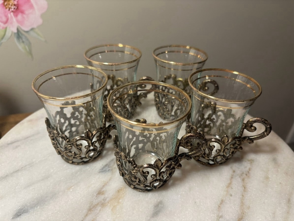 Vintage Turkish Brass Filigree Tea Glass Cups Gold Trim Rims Set of 5 MCM