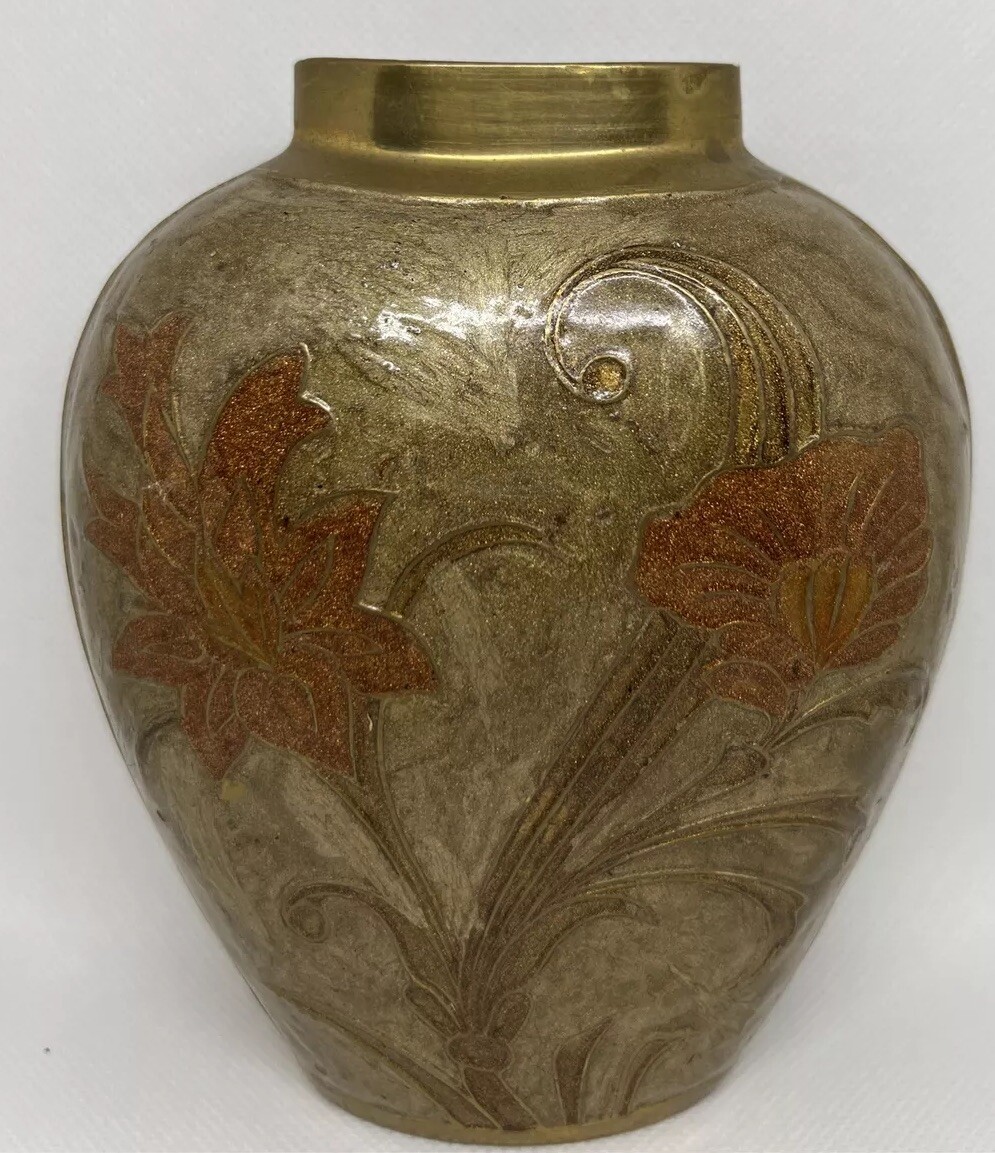 Brass Floral Art Deco Vase Cloisonné Heavy Enameled Style 1930
