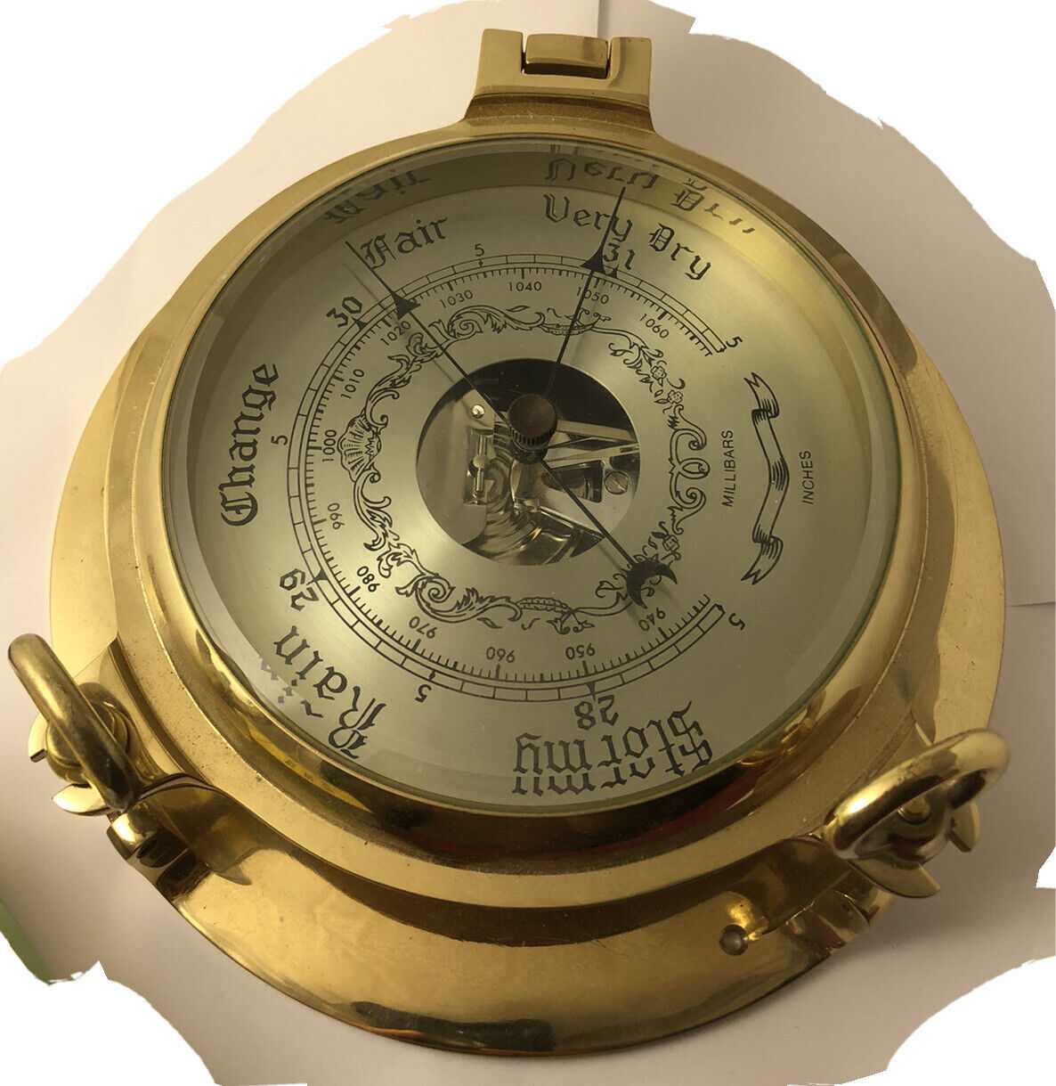 W Germany porthole Barometer Hygrometer lacquered brass beveled glass JL 051721@