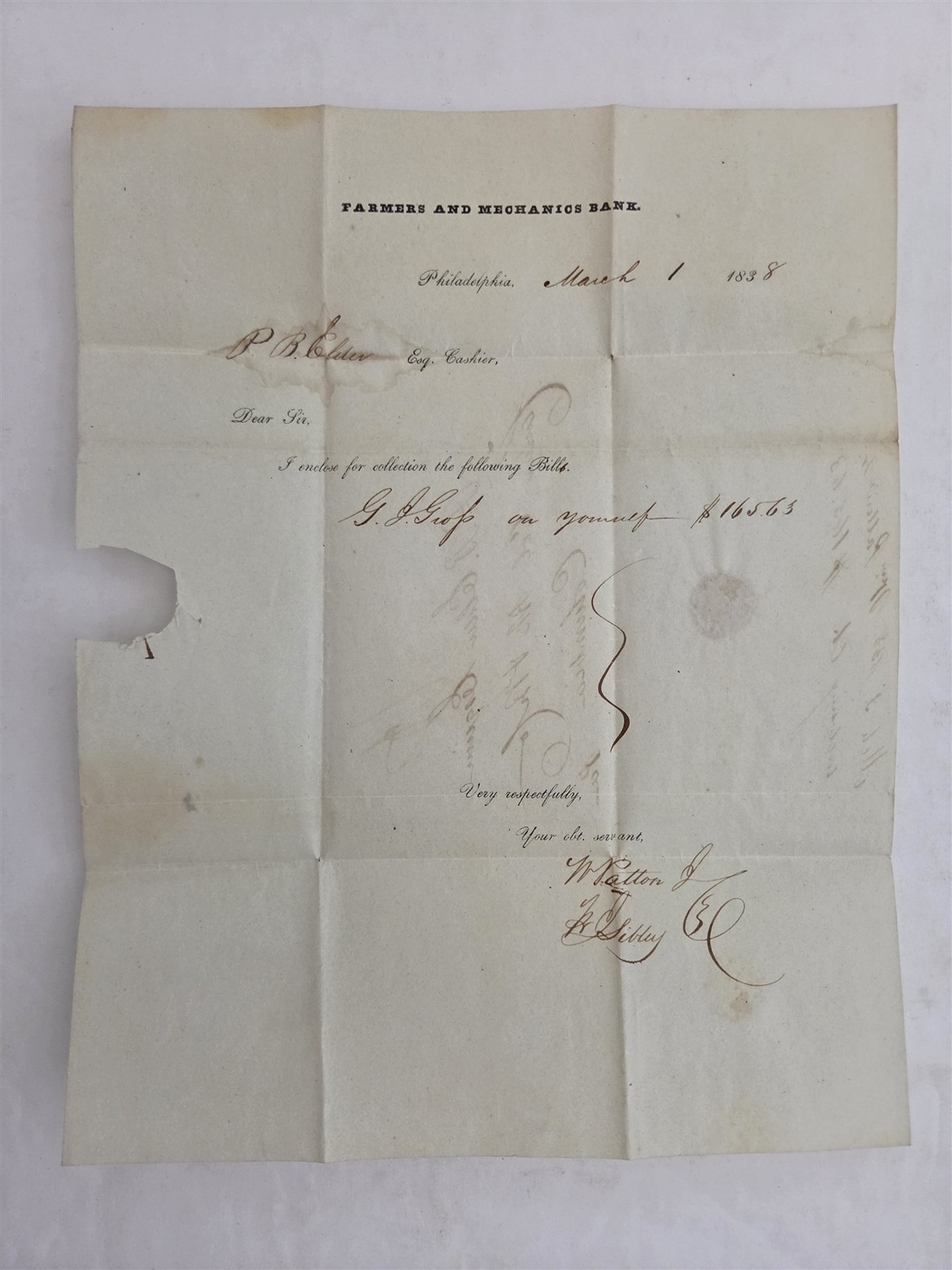 1838 antique FARMERS & MECHANICS BANK phila pa columbia P.B. ELDER LETTERHEAD