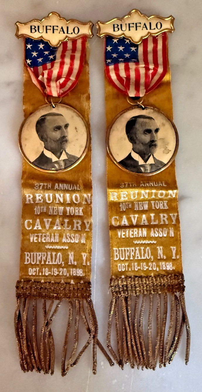Pair 1898 37th Reunion 10th NY Cavalry Veteran Badges - Buffalo Whitehead Hoag