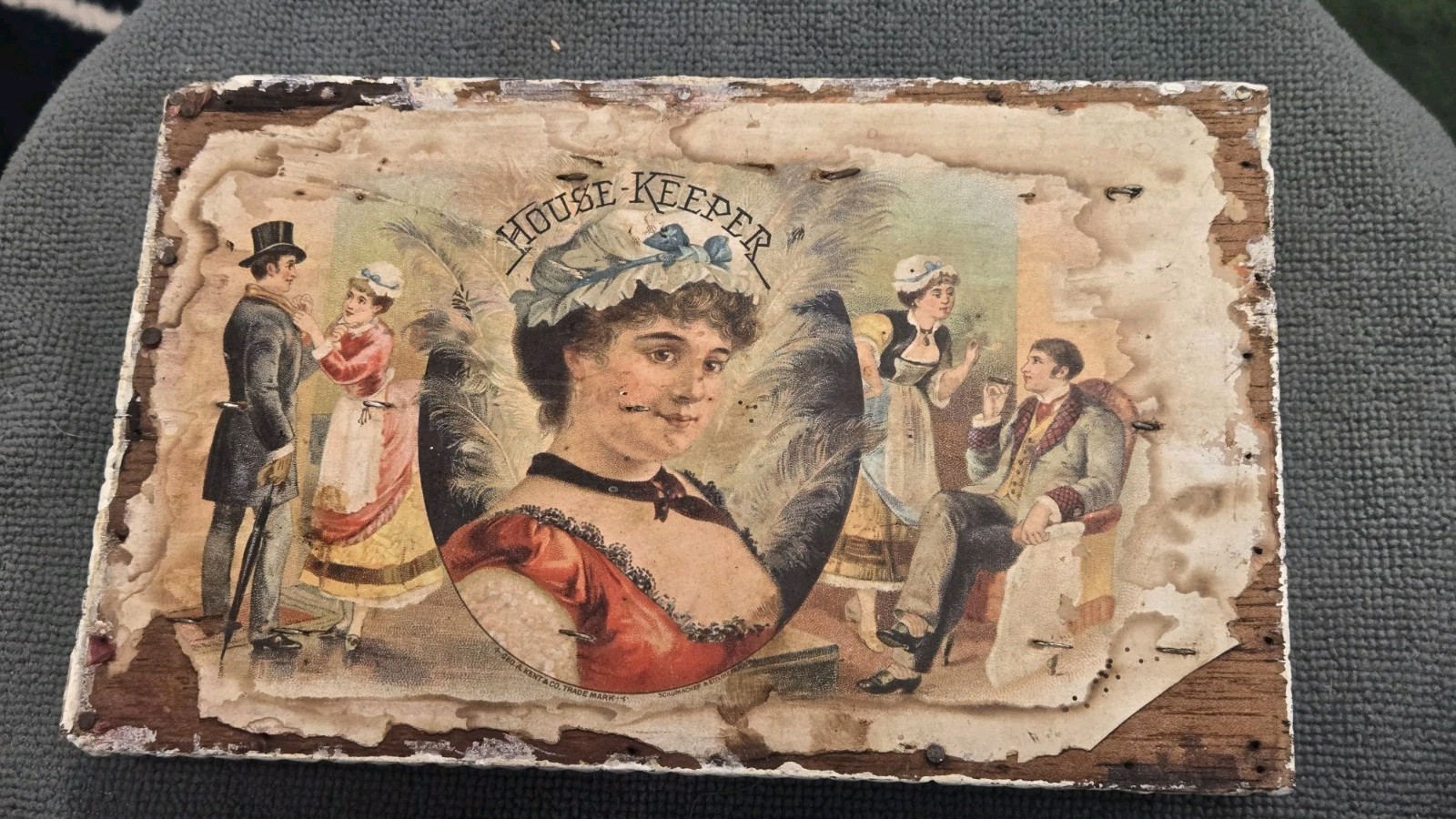 Antique Victorian Tramp Art Cigar Box Lid - House-Keeper Litho Label Folk Art
