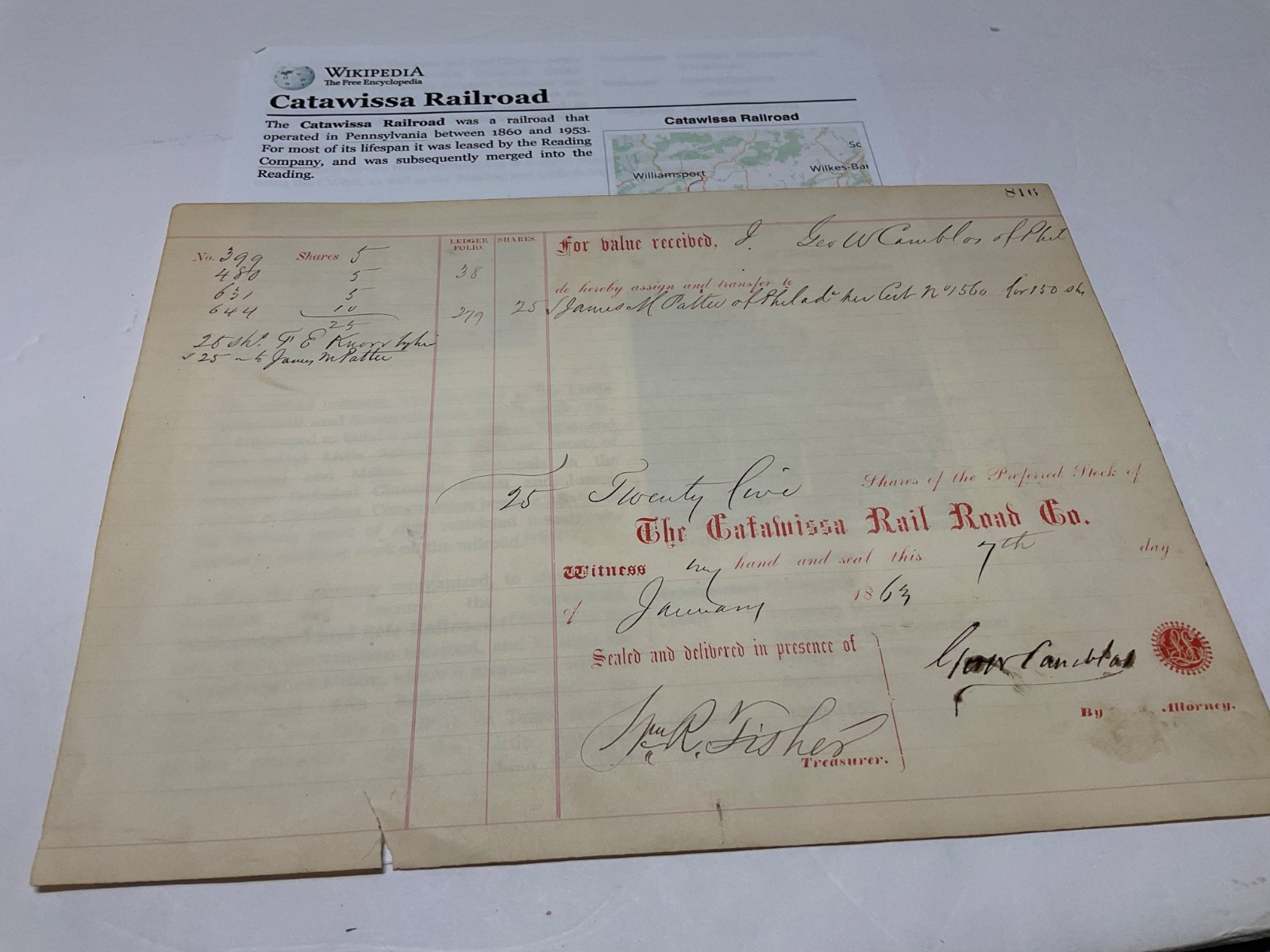 CIVIL WAR 1864 RAILROAD PENN CATAWISSA SHARES TWENTY FIVE RECD WITNESS CIVIL WAR 1864 RAILROAD PENN CATAWISSA SHARES TWENTY FIVE RECD WITNESS