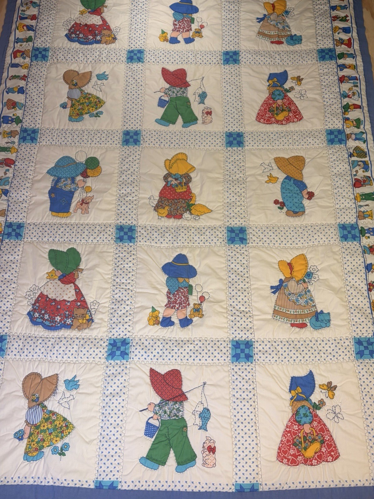 VTG Handmade Sunbonnet Sue Baby Kids Quilt Blanket 57X42 Cats, Fishing, Bear.