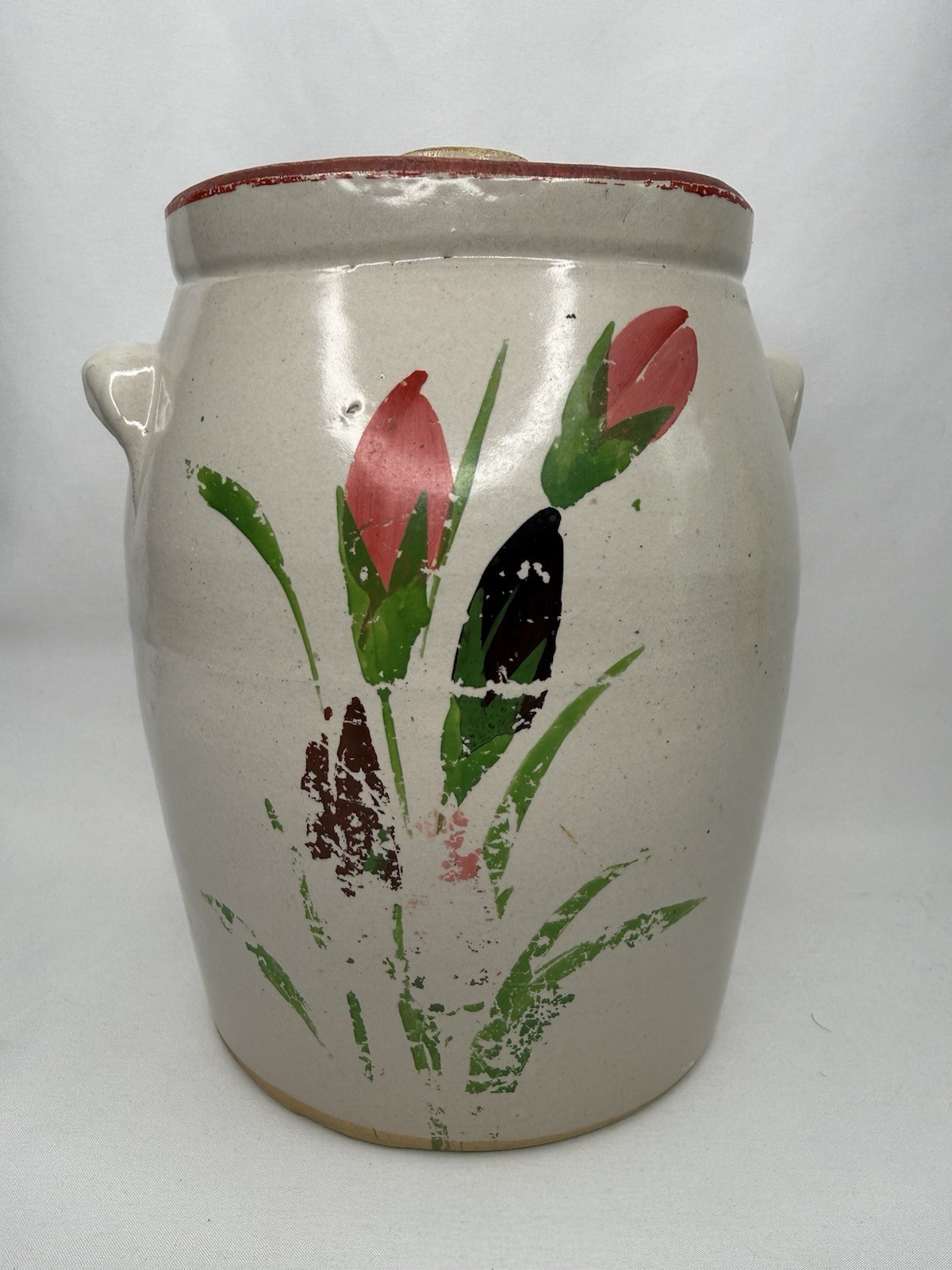 VINTAGE RANSBURG JAR HAND PAINTED FOLK ART STONEWARE POTTERY FLORAL 1930S-1950S