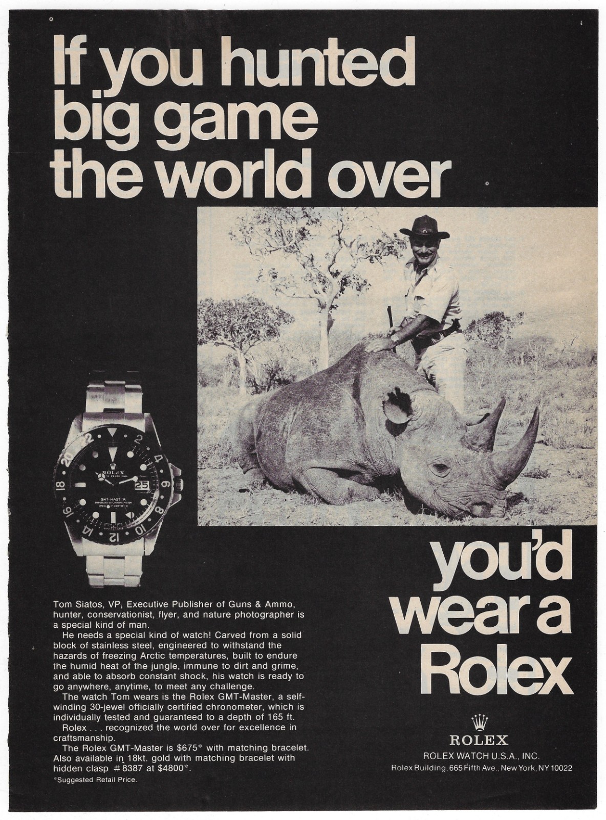 1976 Rolex GMT-Master If You Hunted Rhinoceros Rhino Watch VINTAGE PRINT AD