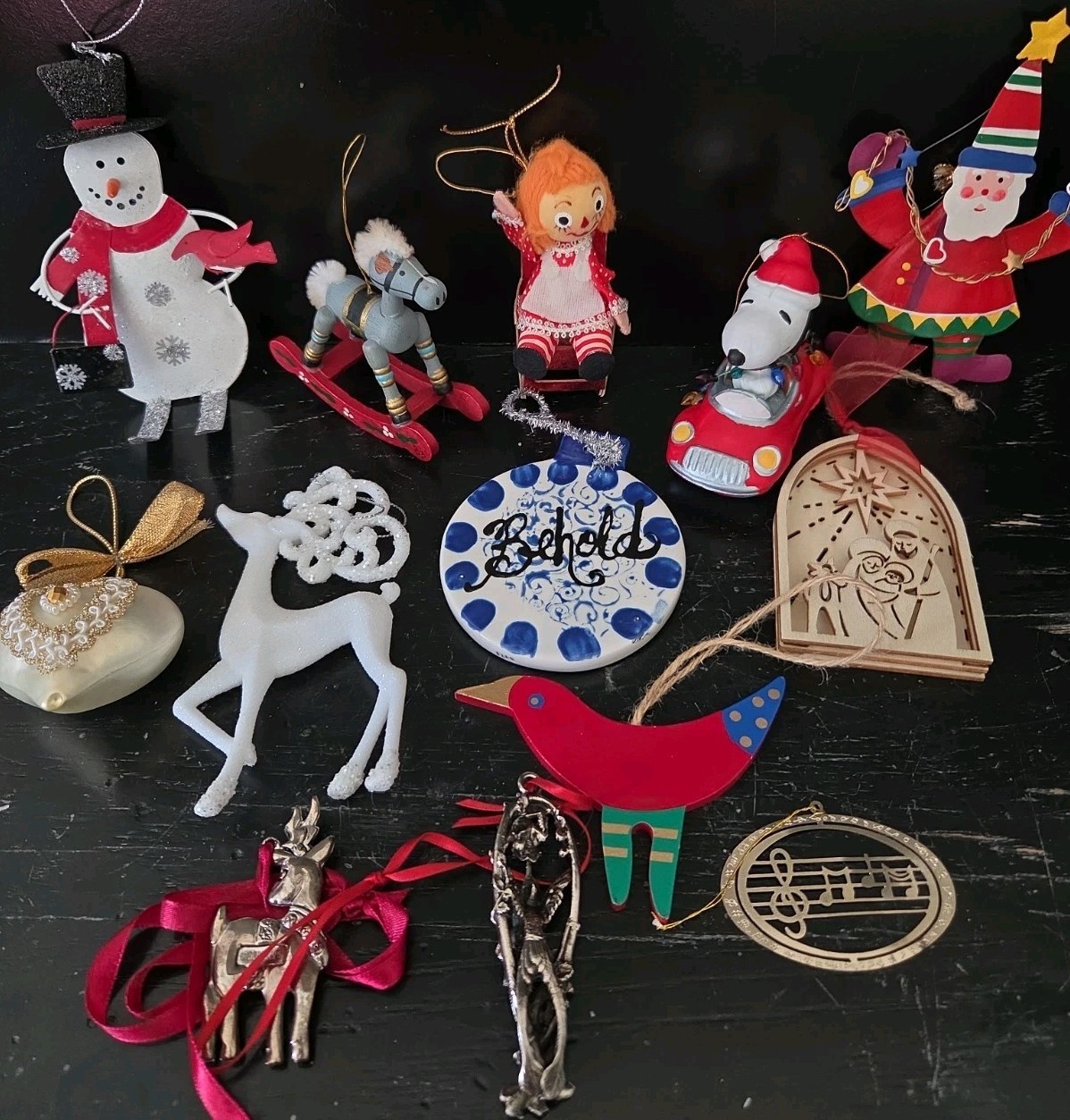 A collection of Nostalgic Whimsical Wood and Ceramic Christmas Ornaments