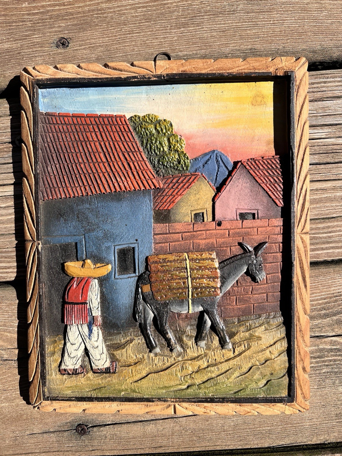 Vintage Mexican Folk Art Wood Carved Bas Relief  10” X 8”