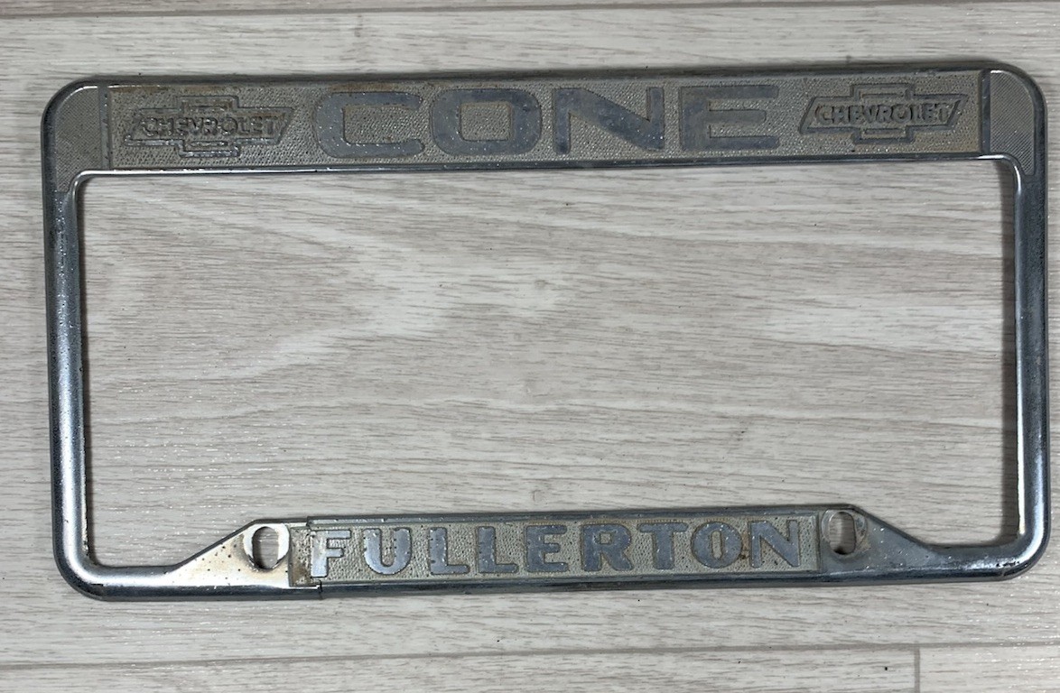 vtg Fullerton California Cone Chevrolet Dealer License Plate Frame Metal Broken