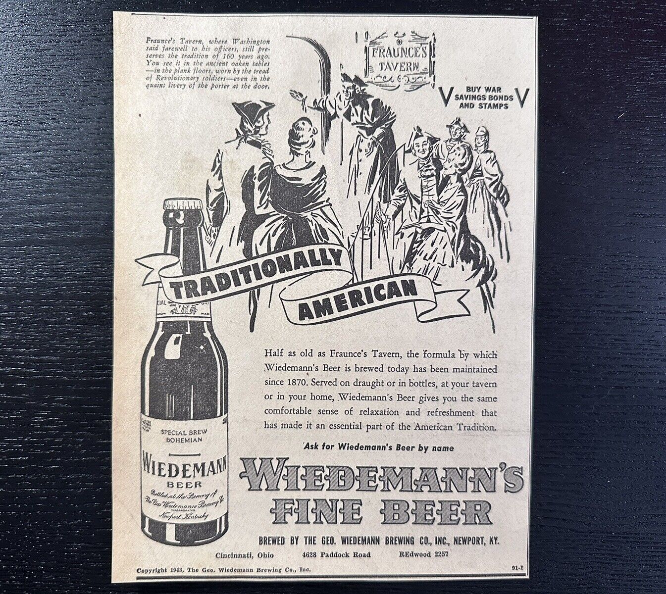 1943 Wiedemann Brewing Co Beer Fraunce’s Tavern Newspaper Ad WWII WW2 Newport KY