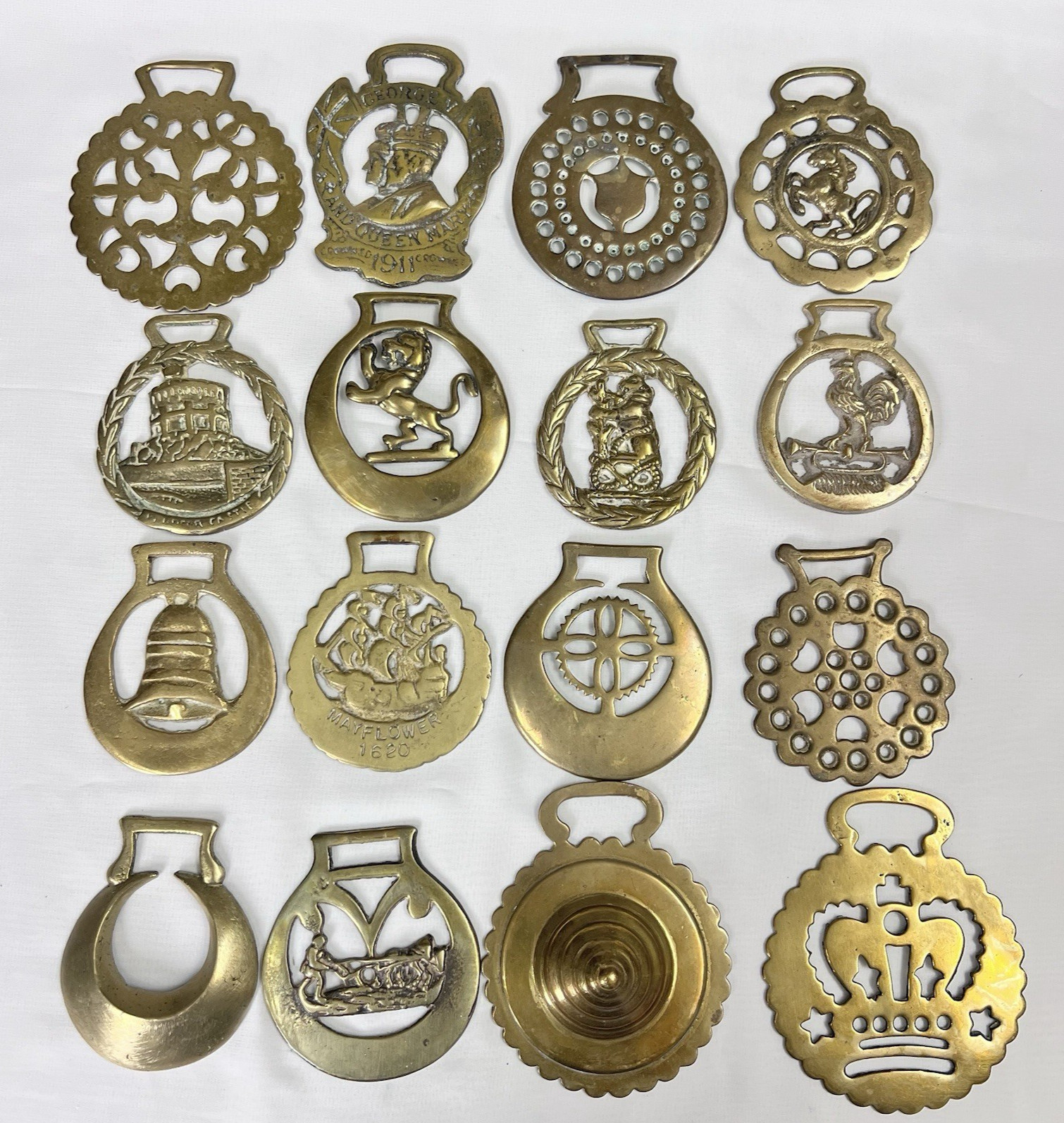 Brass Horse Medallion Lot of 16 Antique to Vintage Crescent Lion Crown Sun Boss