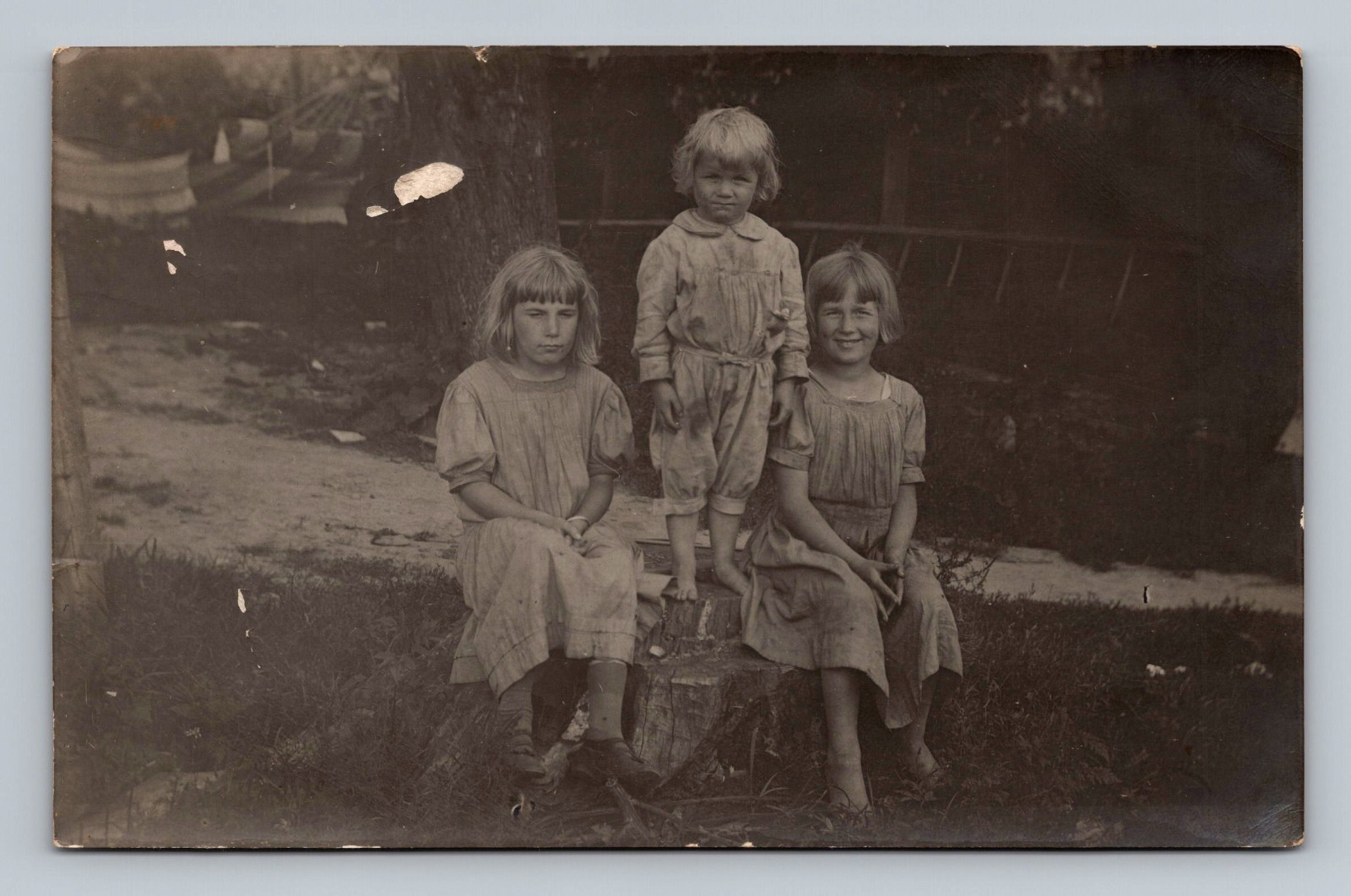 Farm Girls on Tree Stump Rural Outdoor Antique RPPC Postcard