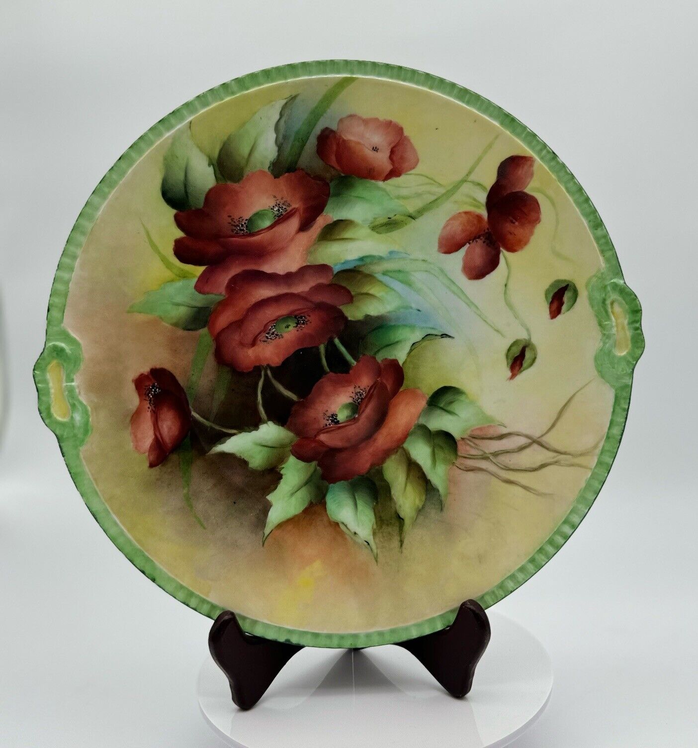 Antique Hand Painted Porcelain Serving Plate - Red Poppies & Green Trim by H.E.R