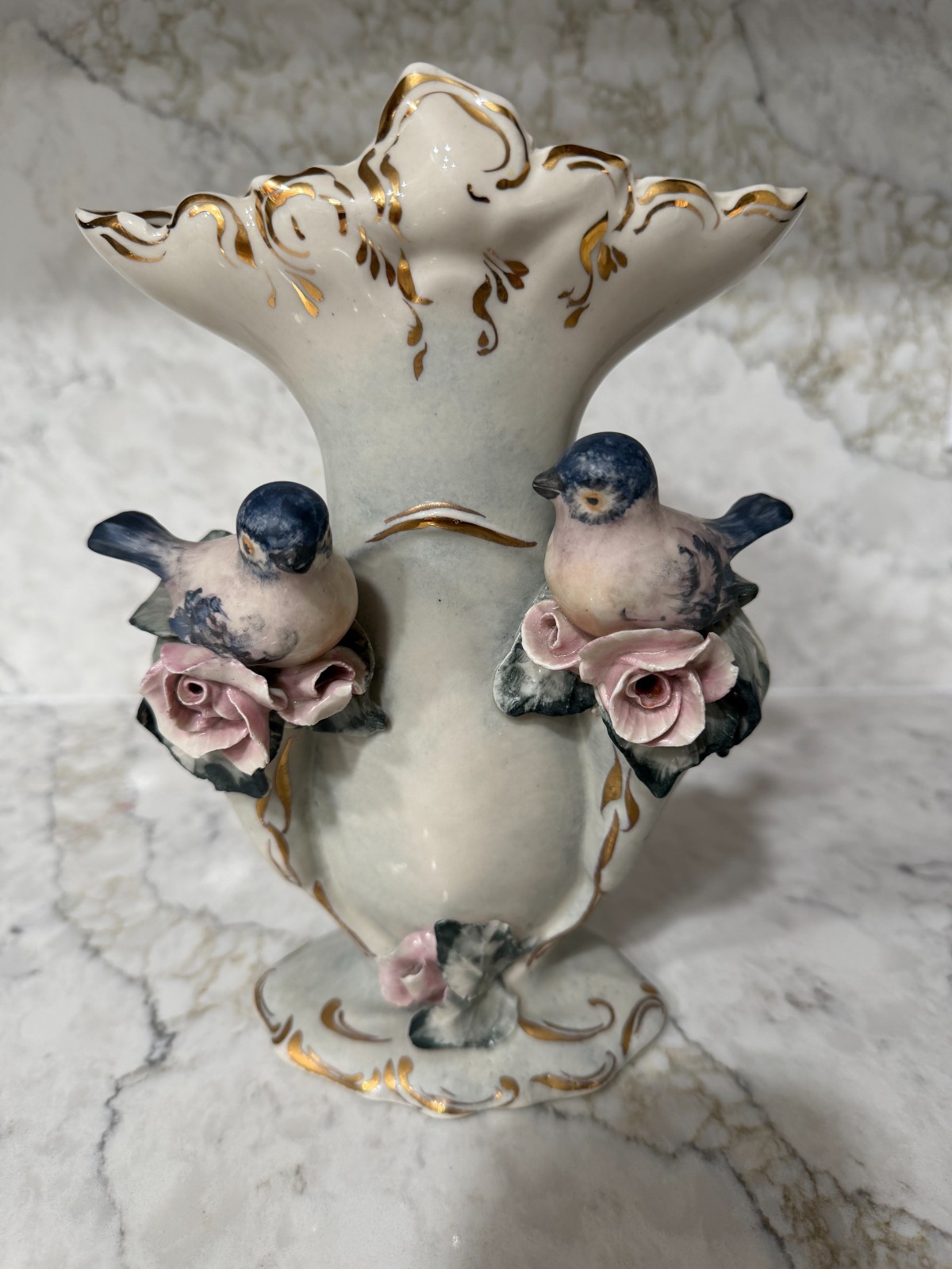 Vintage Paris Porcelain Hand Painted Vase with Bluebirds Numbered