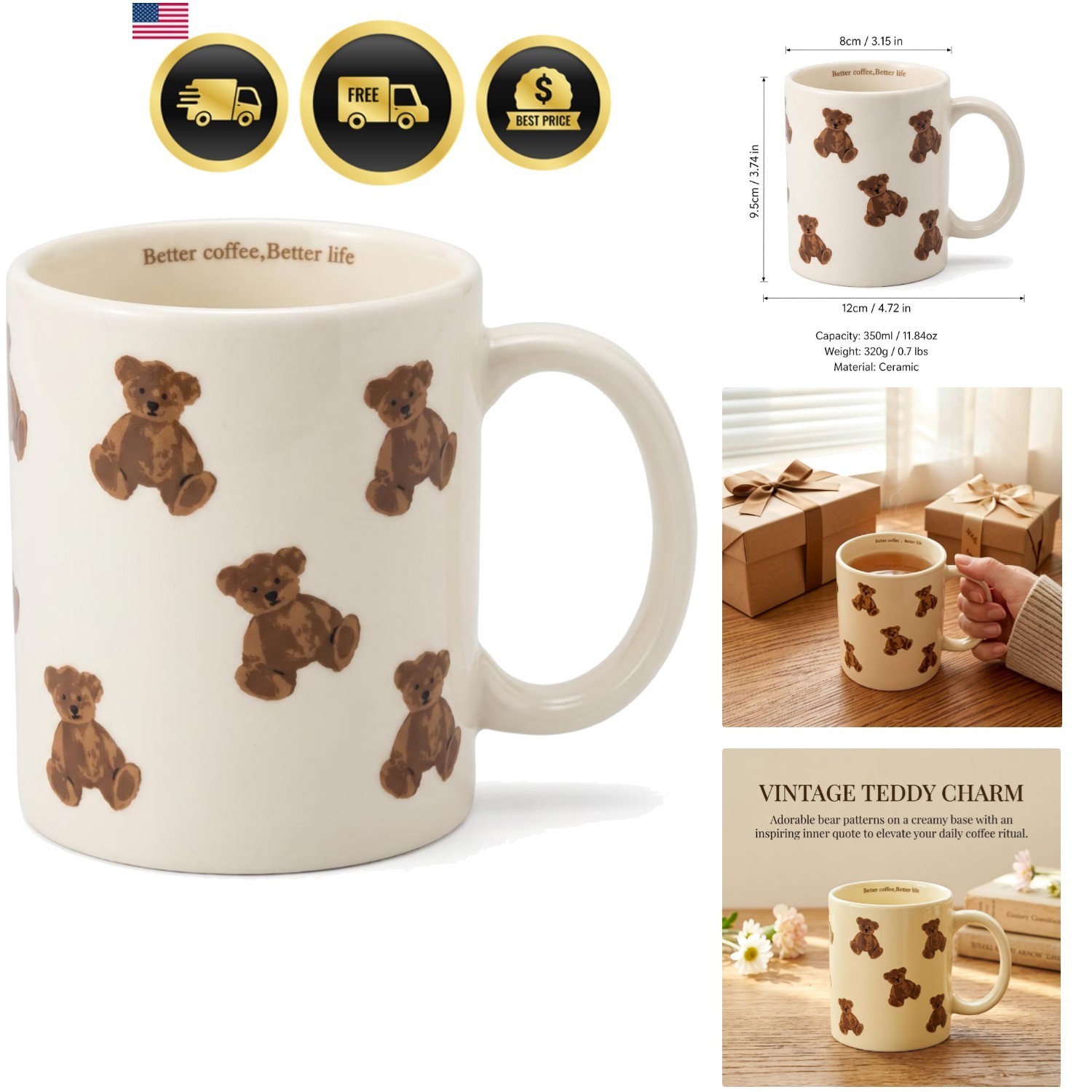 Teddy Bear Mug Cute Vintage Ceramic Coffee Mug for Women Girls