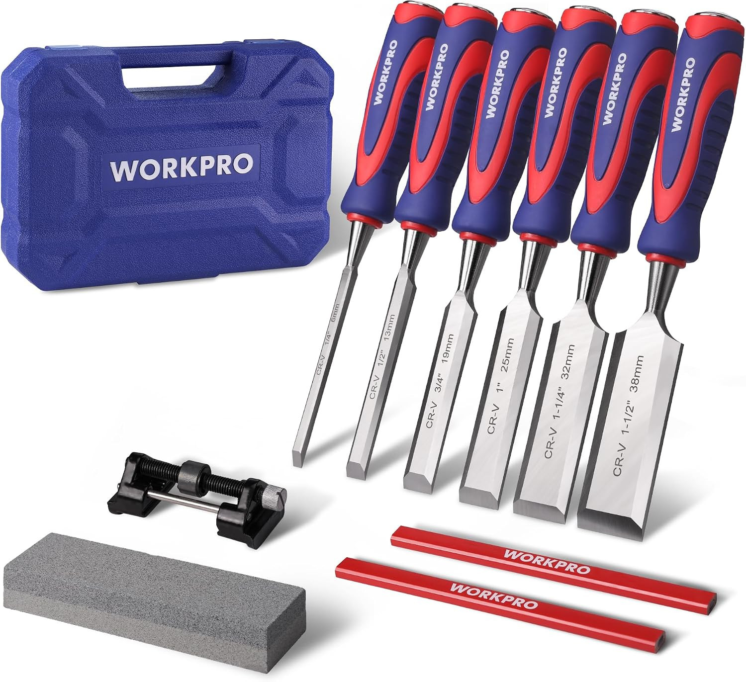 WORKPRO 10 Piece Wood Chisel Set Bevel Edge With Sharpening Case Kit