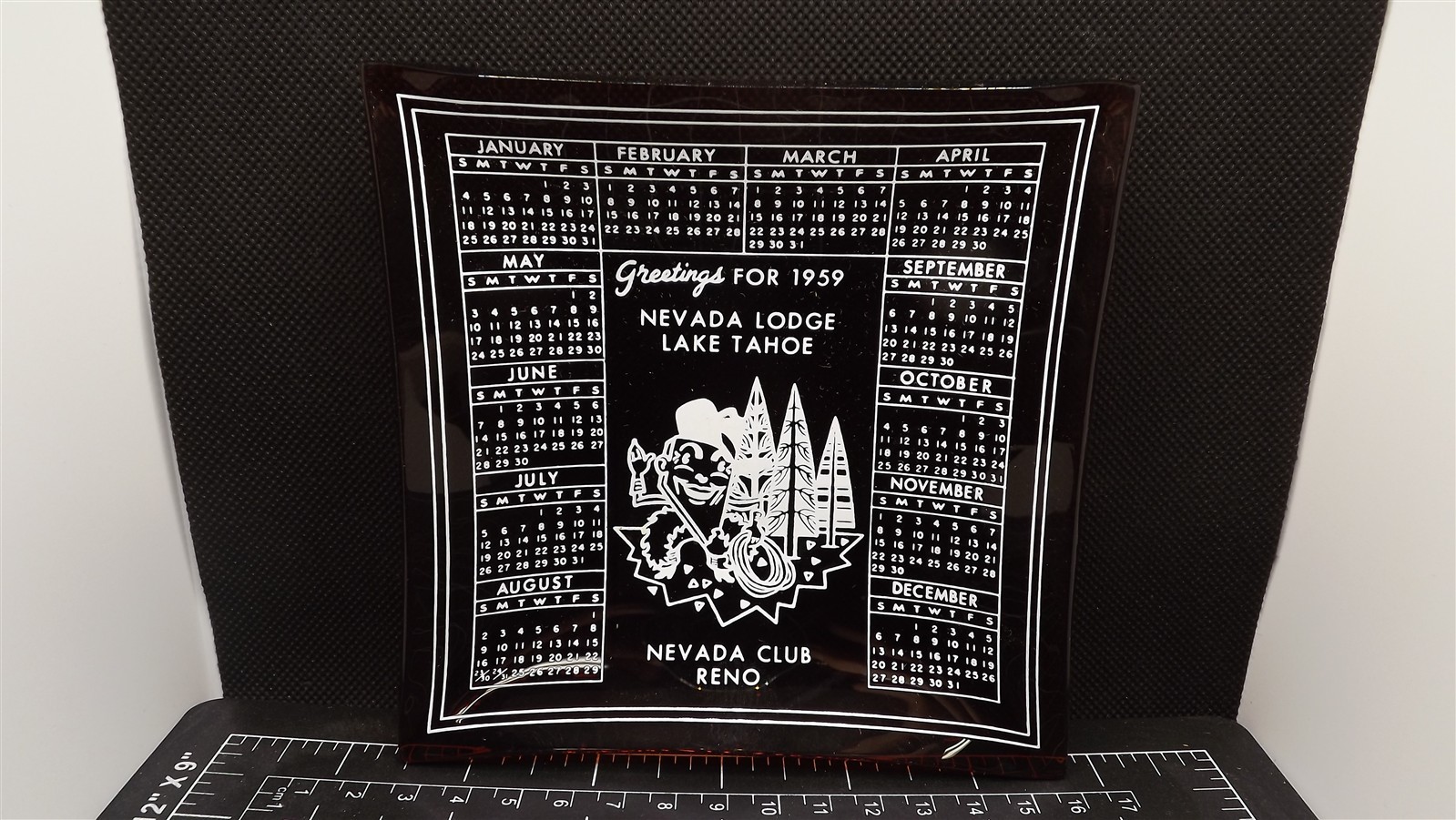 Vtg 1959 Nevada Lodge Lake Tahoe Nevada Club Reno Glass Calendar Ashtray Tray Vtg 1959 Nevada Lodge Lake Tahoe Nevada Club Reno Glass Calendar Ashtray Tray