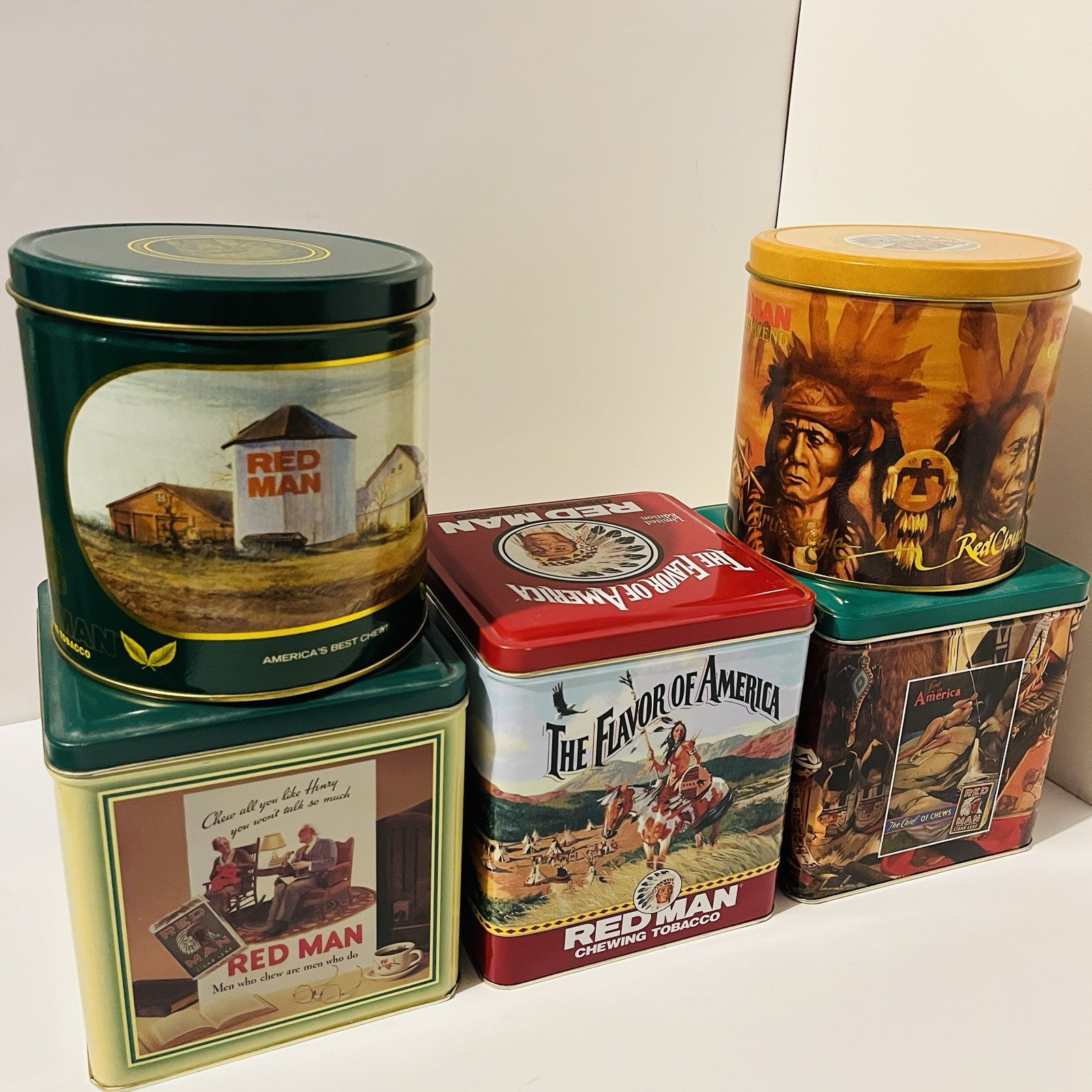 Vintage Red Man Chewing Tobacco Collectible Metal Tins Lot of 5 1989 1990 Vintage Red Man Chewing Tobacco Collectible Metal Tins Lot of 5 1989 1990