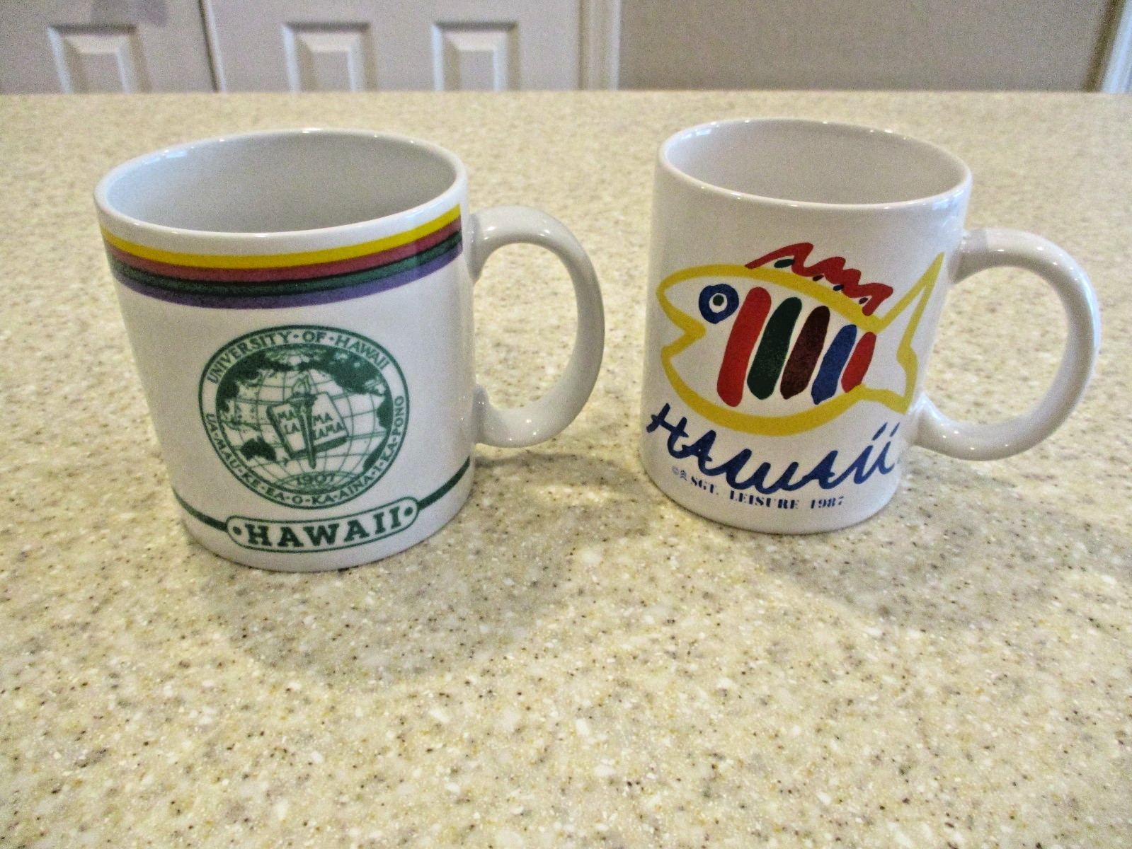 NEW Vntg Lot 2 Porcelain HAWAII Mugs: U. Of Hawaii+Fish Graphic Design (1987)