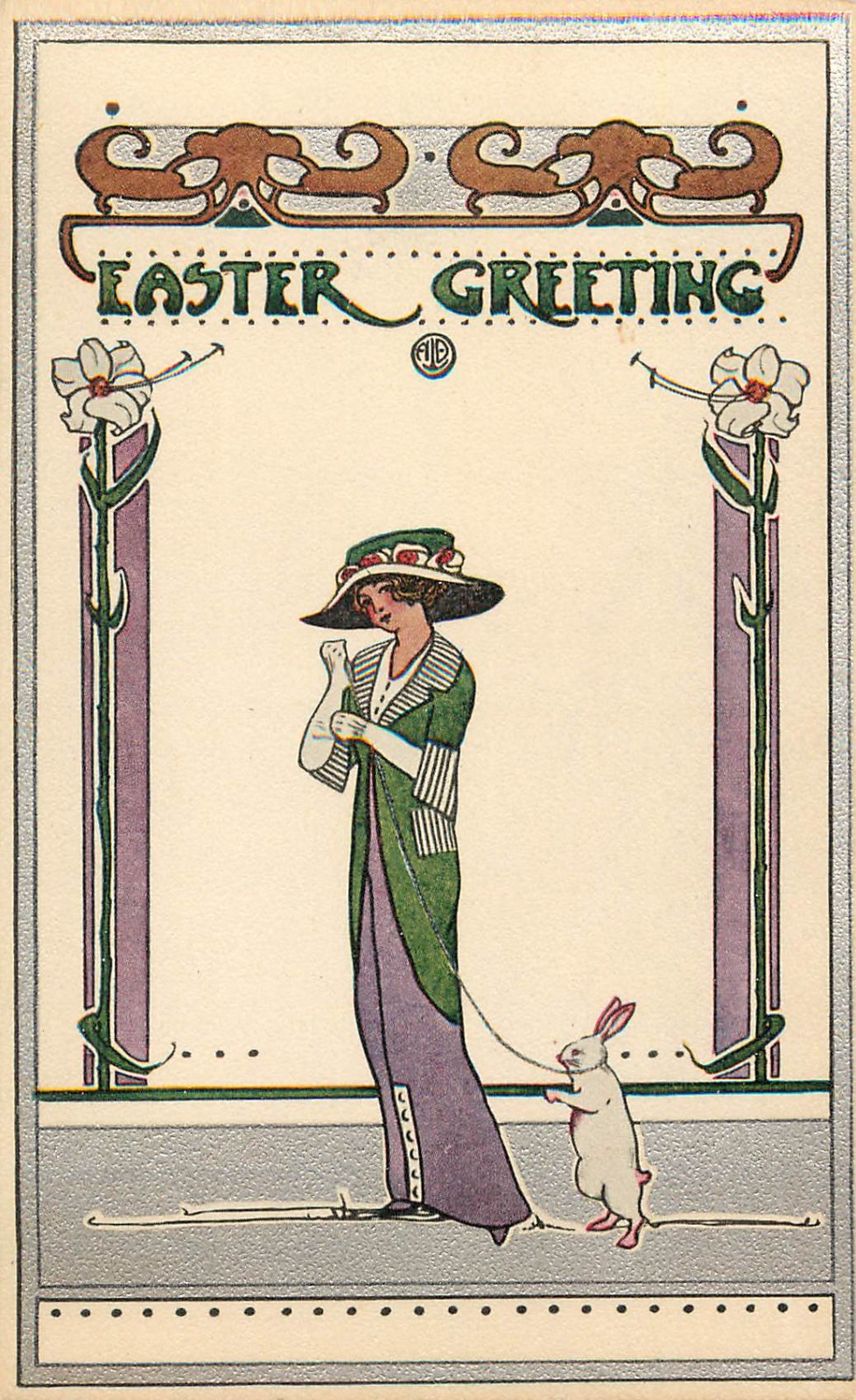 Art Deco Postcard Easter Greeting Woman with Bunny Rabbit on Leash, IAPC