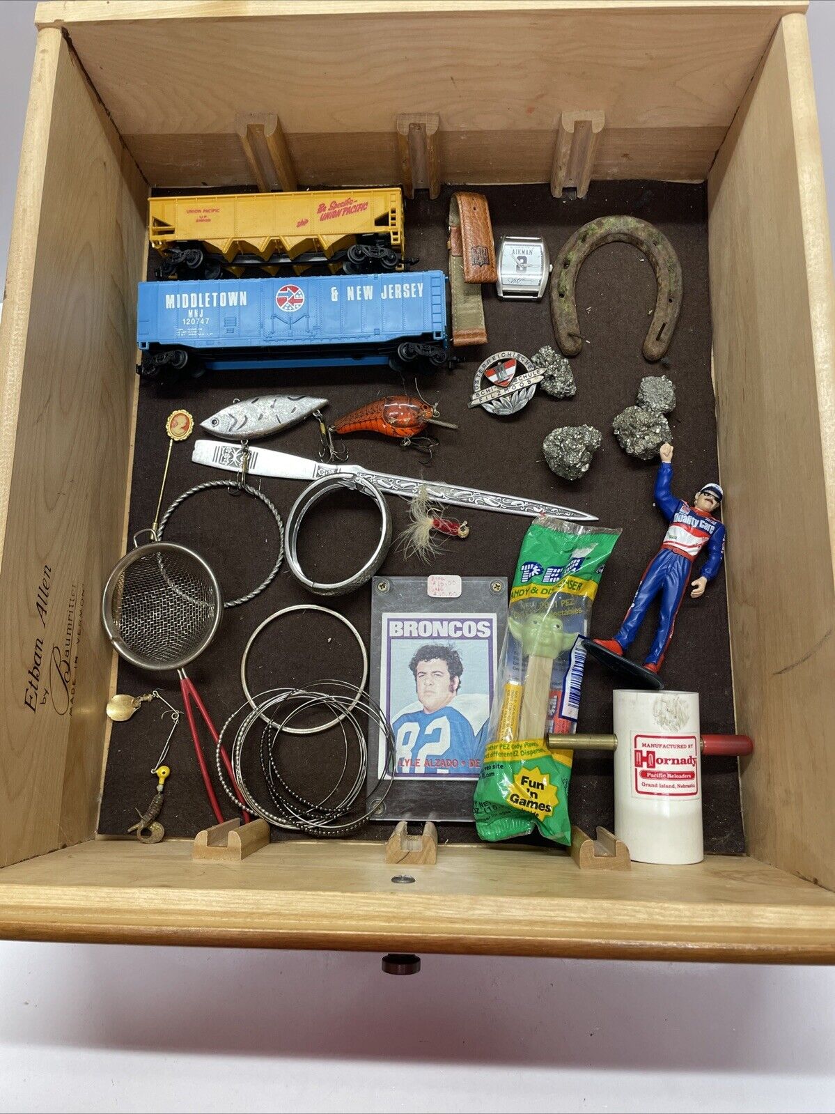 Vintage Junk Drawer Lot Football Cards Lures Watches Toys Horse Shoe Trains