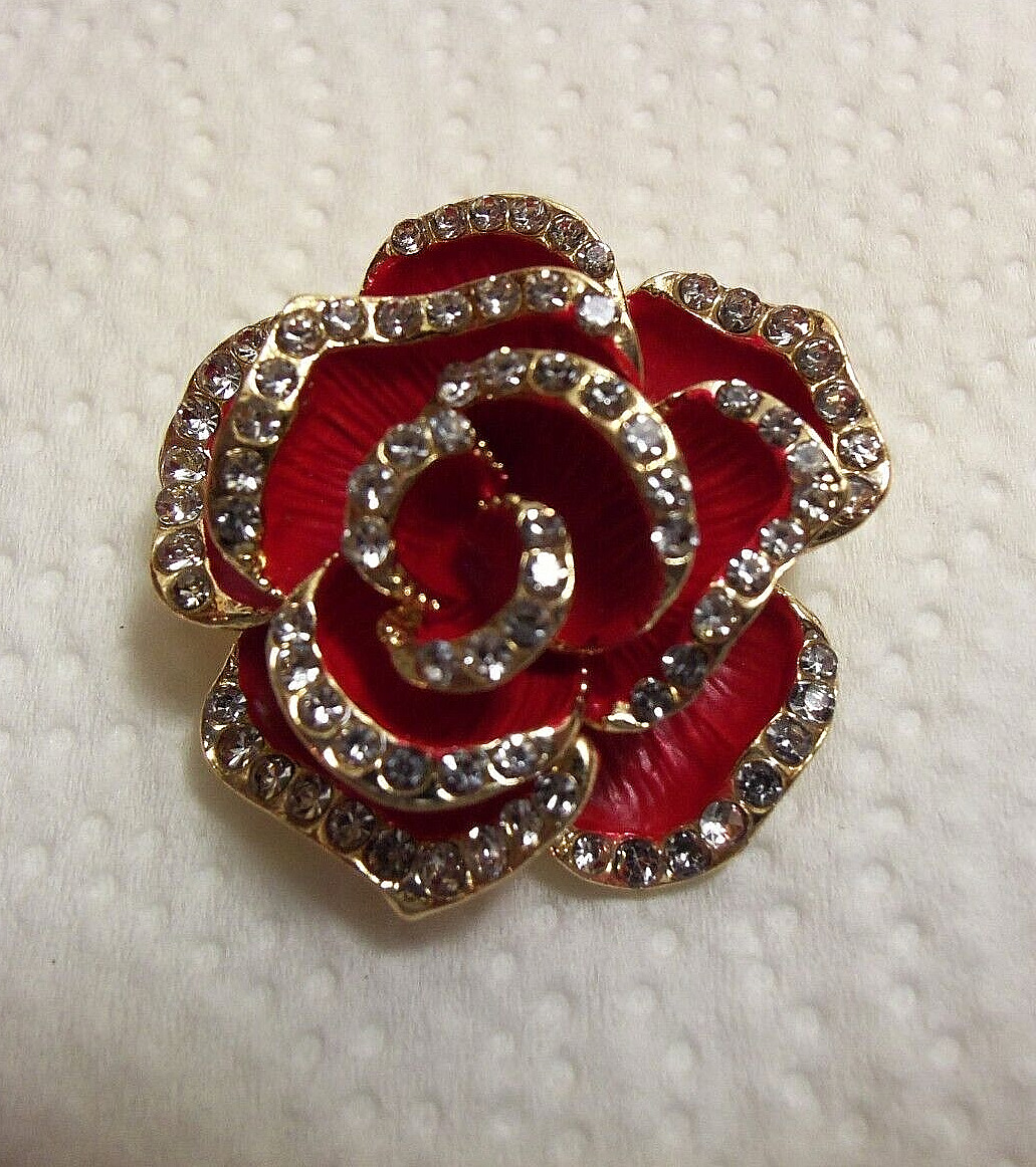 RED cubic zirconia rhinestone crystal, Rose floral brooch