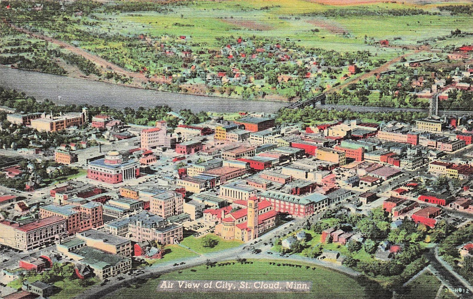 St Cloud MN Minnesota Downtown Main Street Aerial View Vtg Postcard J23