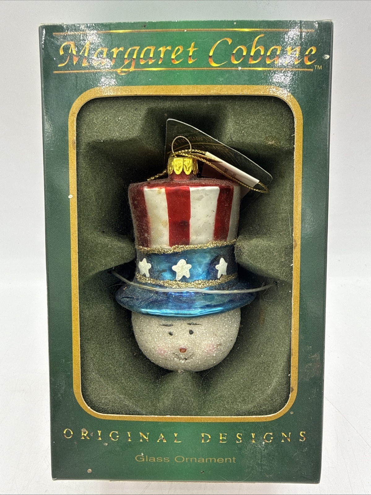 Vintage Margaret Cobane Christmas Ornament Patriotic Snowman Hand Blown Glass