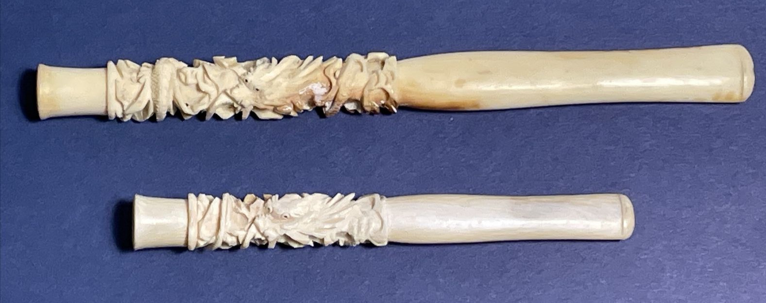 Set of 2 Two Antique Ivory Cigarette Holders Dragon Wrapped Black Eyes Smoking