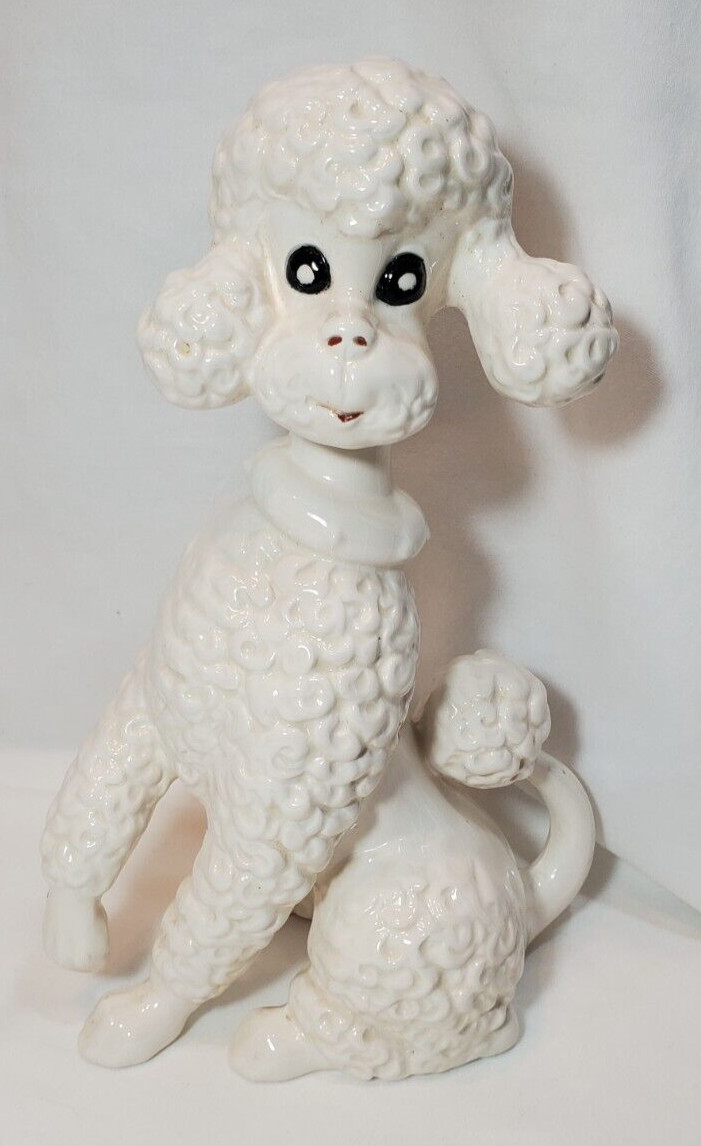 Standing POODLE Ceramic White Mid Century 70\'s Statue 10”X 7”