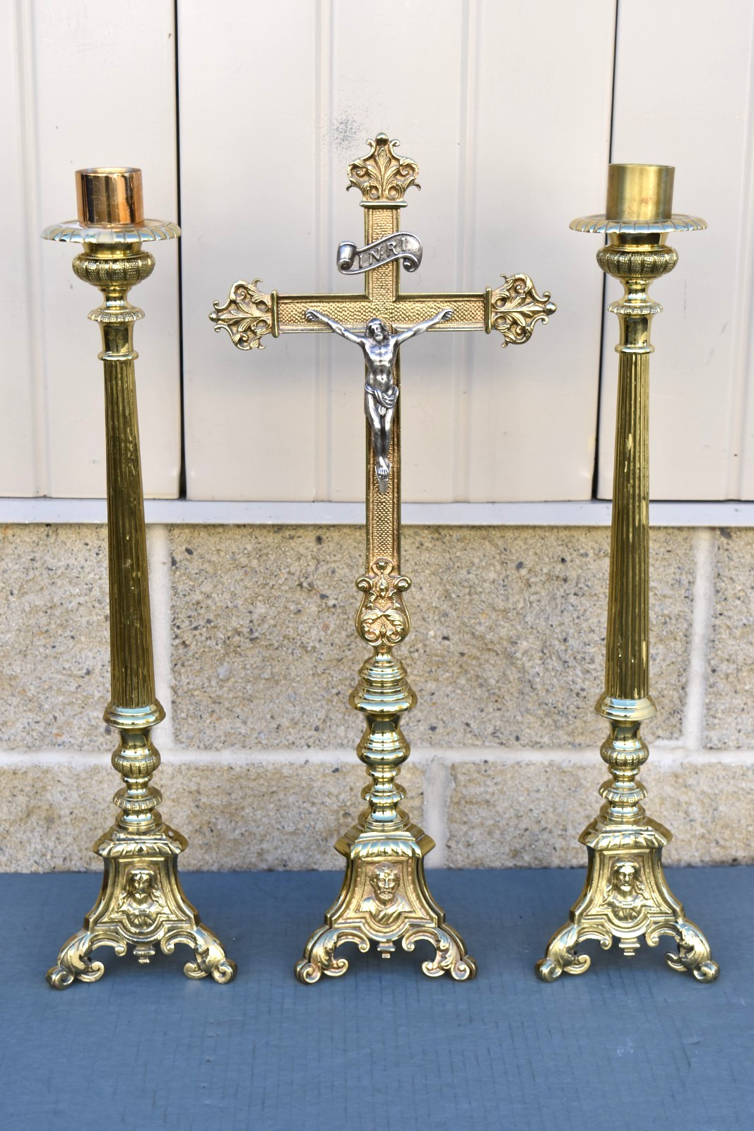 Vintage 3 Piece Set Altar Set: Altar Cross with Candlesticks (CU725) chalice co