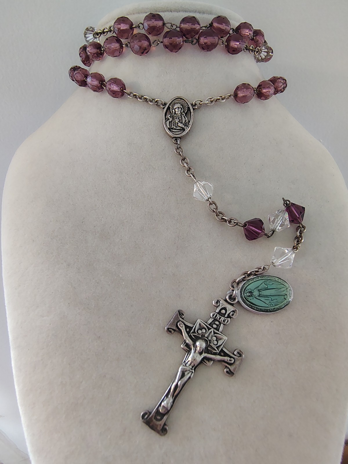 Vtg Sterling Silver 925 Amethyst Purple Crystal Glass Rosary Prayer Necklace 24