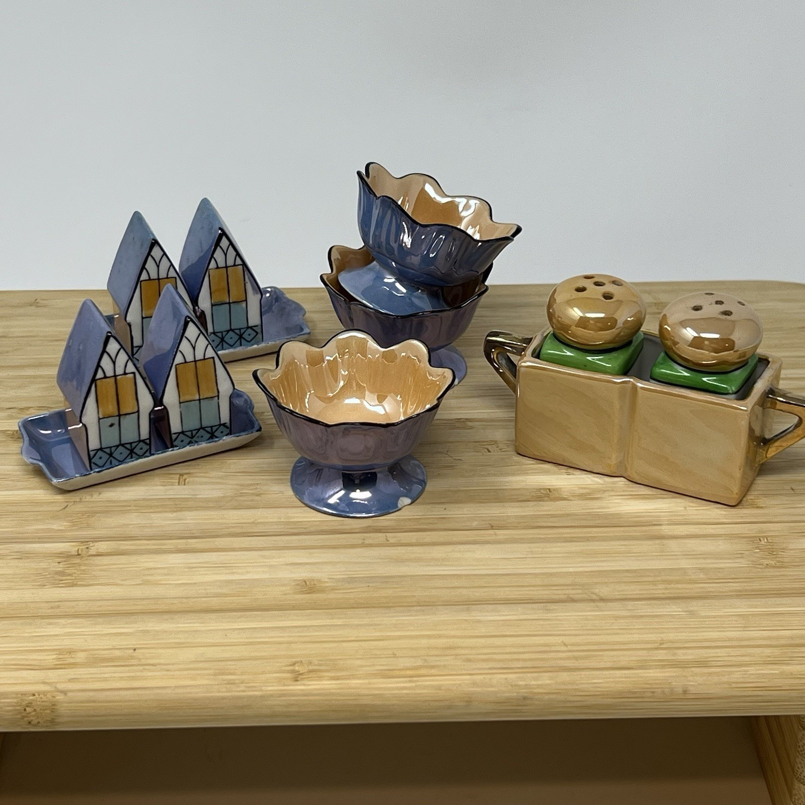 VTG Lusterware Lot Houses Salt and Pepper Shakers Tray 3 Bowls Made in Japan