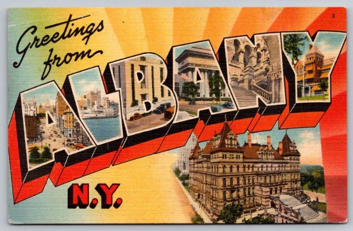 c1940s Greetings from Albany New York NY Large Letter Capitol Linen Postcard