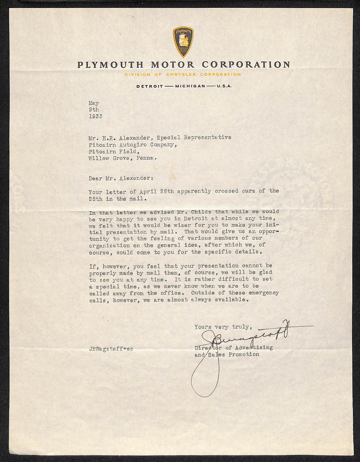 1933 Plymouth Motor Corp. Detroit TLS Letterhead re: Presentation