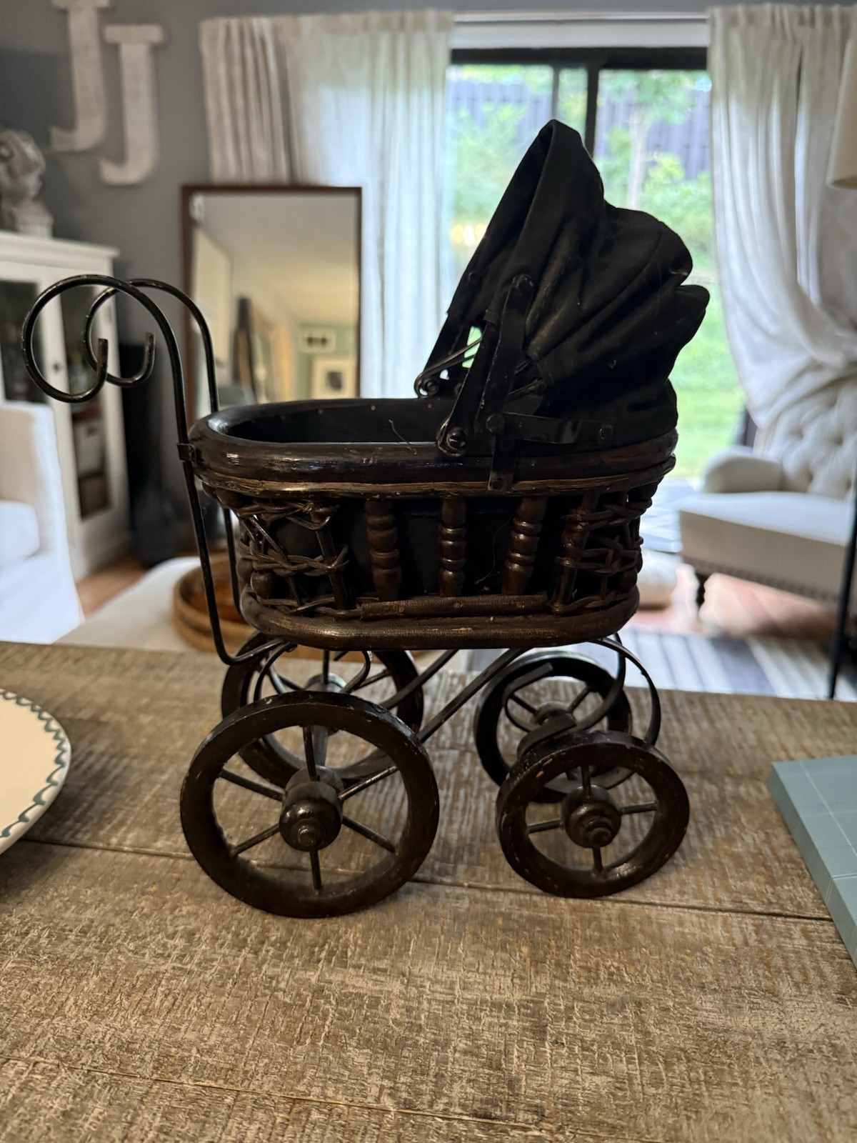 Vintage Wood And Wicker Doll Carriage W/ Folding Black Fabric Canopy